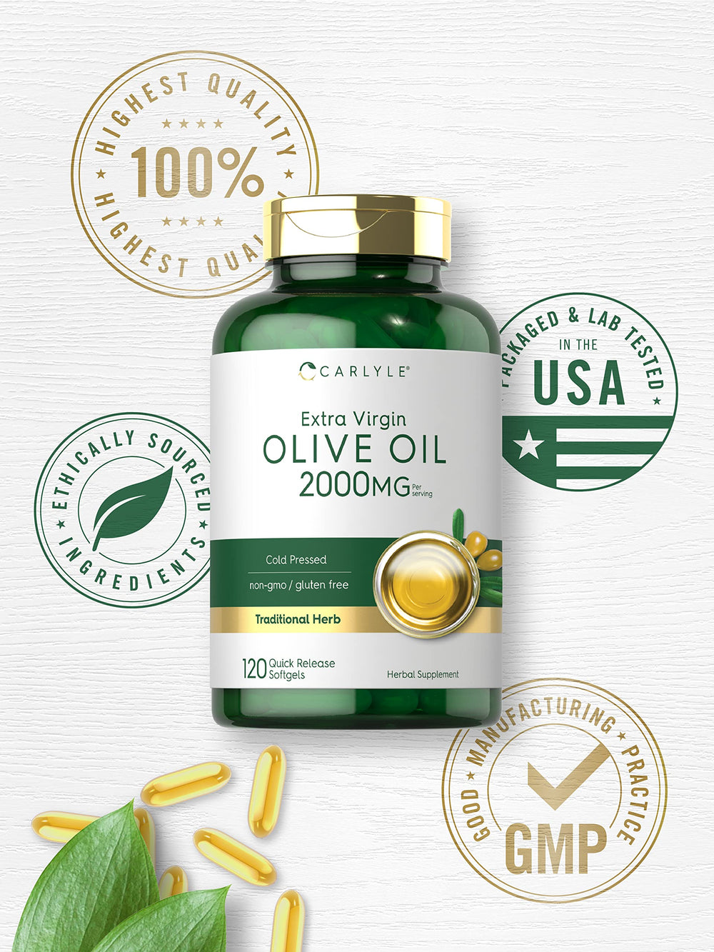 Carlyle olive oil bottle on kitchen counter ready for routine supplementation