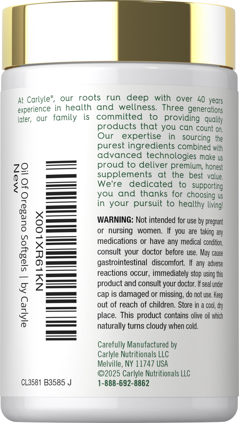Carlyle oregano oil label on a glass bottle emphasizing carvacrol content.