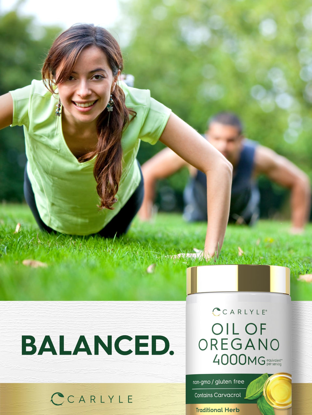 Packaging with non-GMO gluten-free symbol for Carlyle oregano oil.
