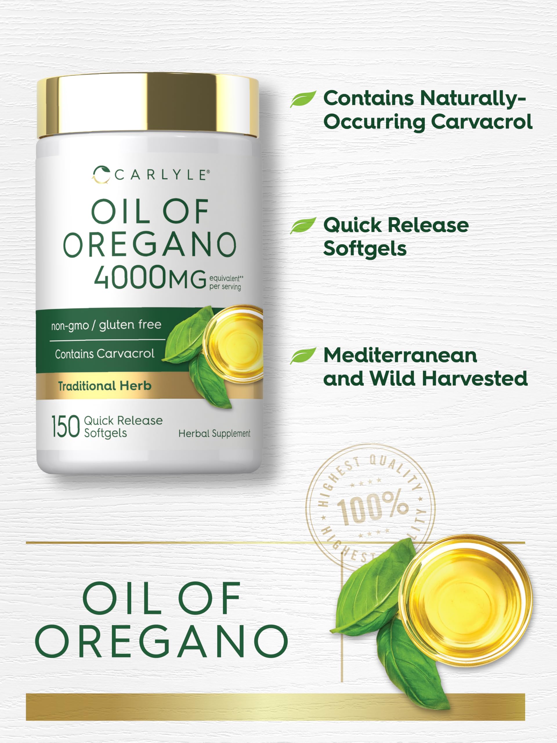 Carlyle oregano oil packaging box showing gluten-free and non-GMO details.