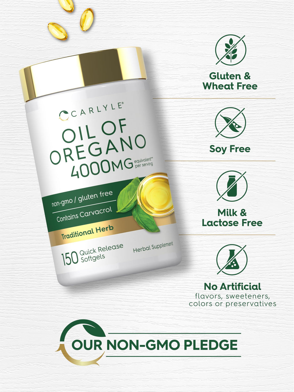 Softgel dispenser view demonstrating easy-to-swallow oregano oil capsules.