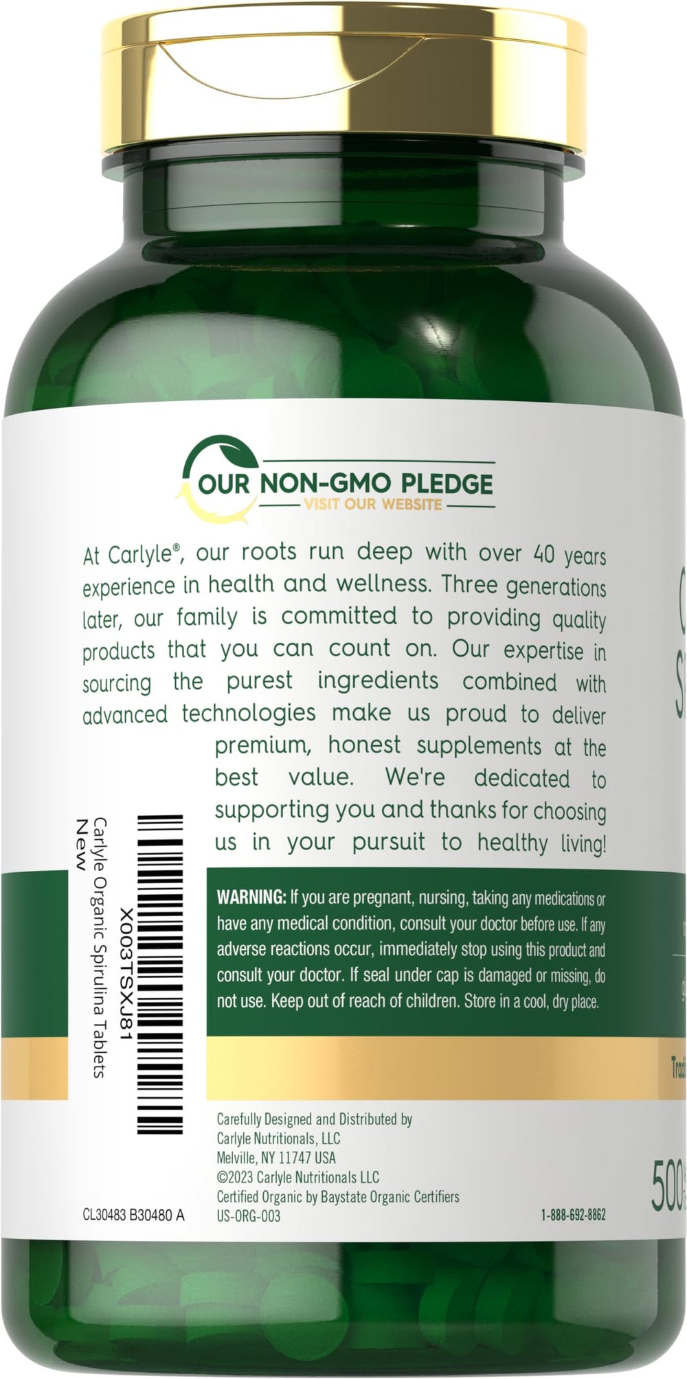Carlyle Organic Spirulina label front highlights non-GMO and gluten-free.