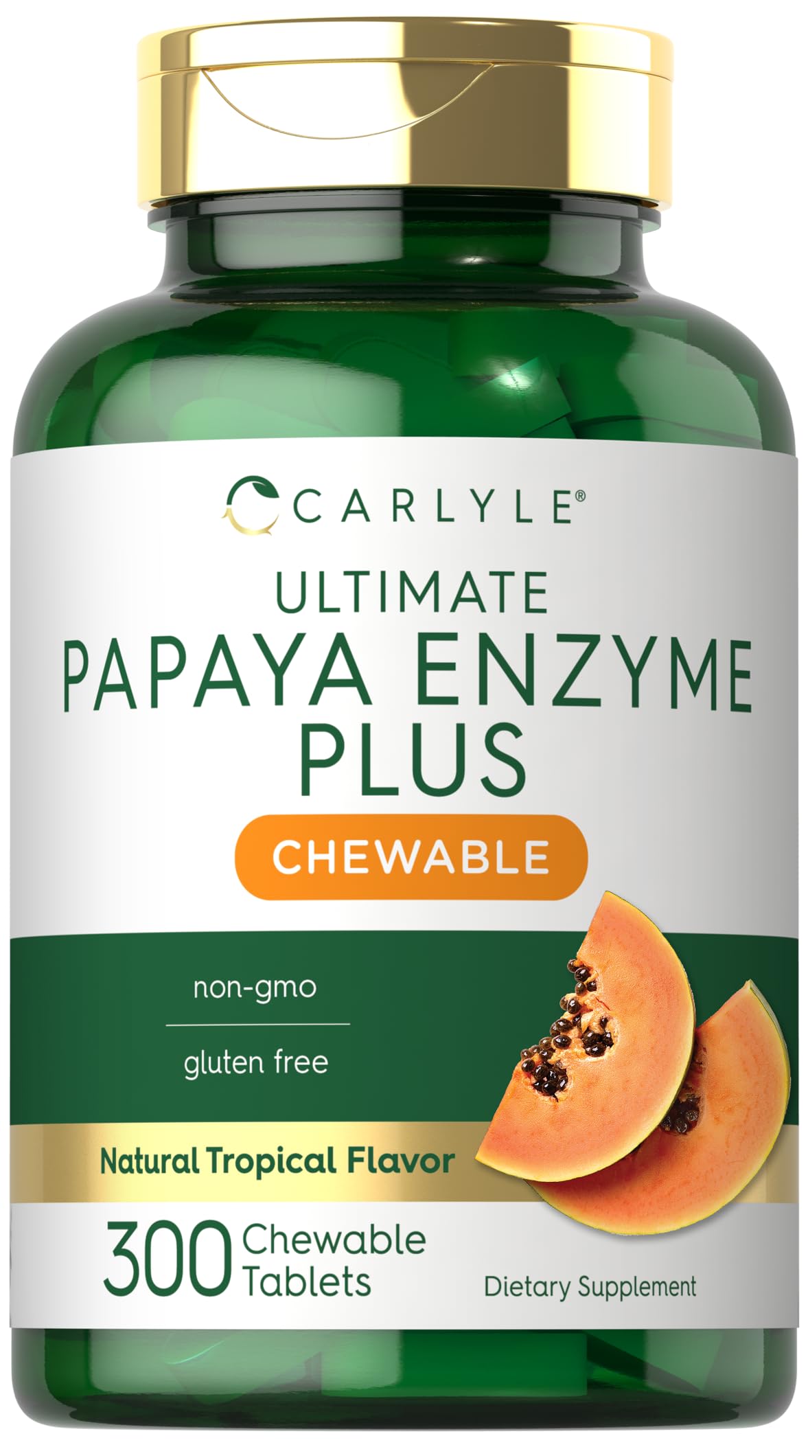 Carlyle Papaya Enzyme Chewables bottle front showing vegetarian formula and tropical flavor