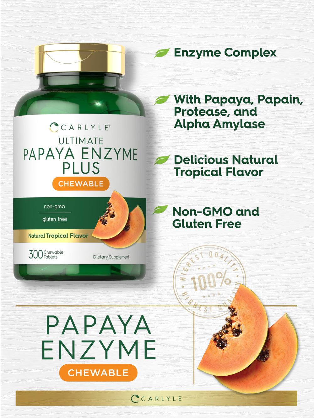 Carlyle Papaya Enzyme Chewables ingredients highlight papain and enzyme blend