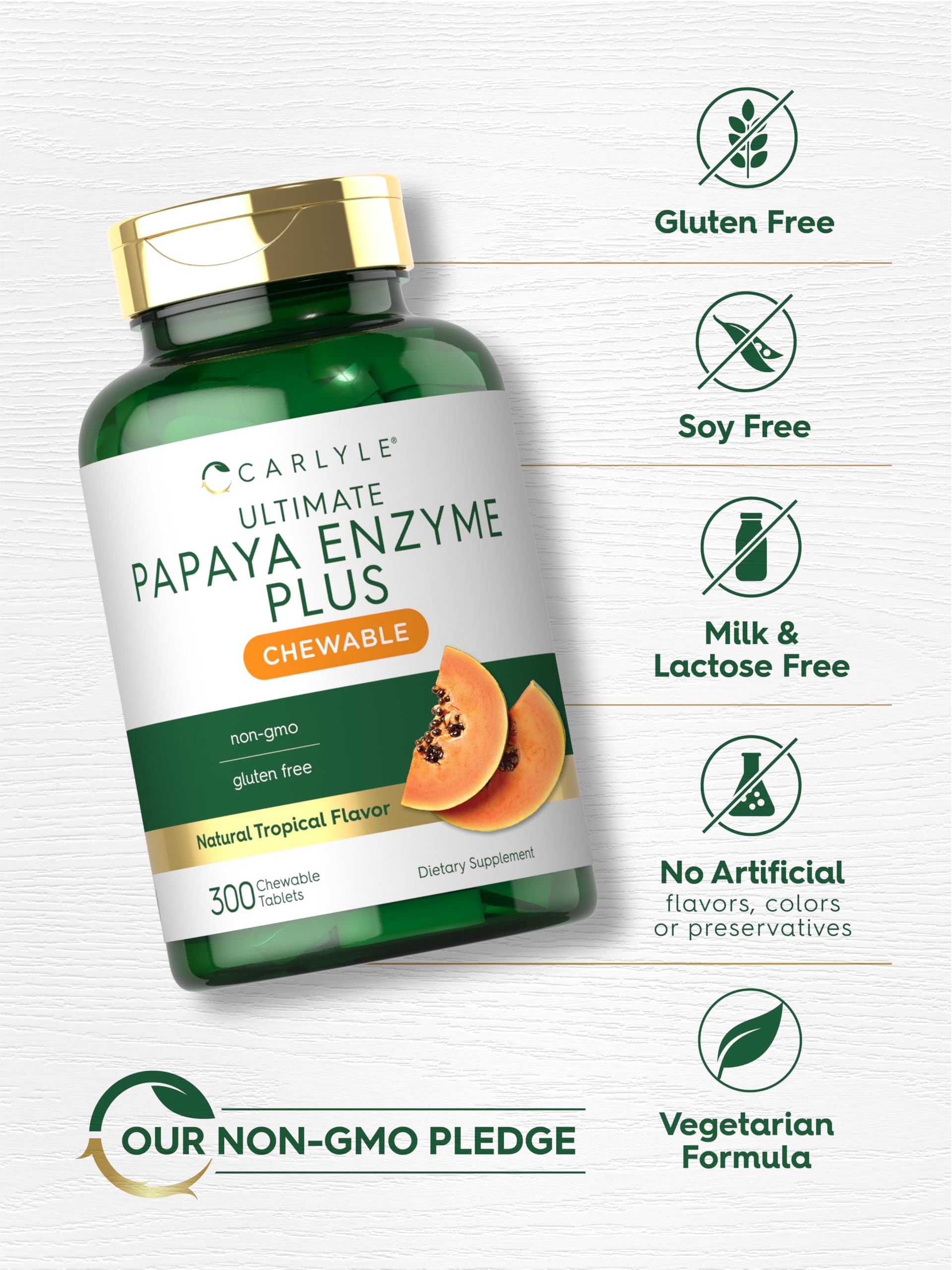 Carlyle Papaya Enzyme Chewables vegan non-GMO icon emphasizes purity