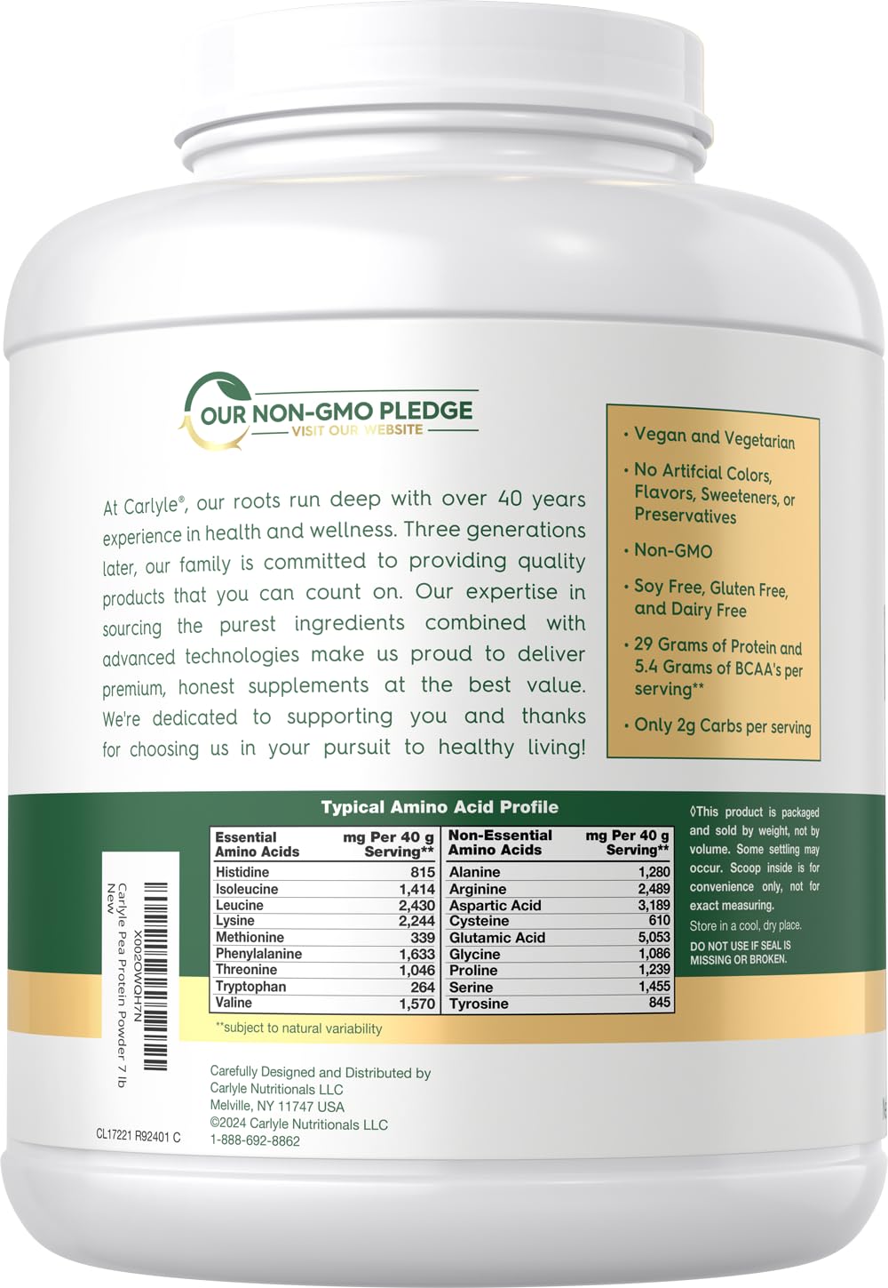 Carlyle Pea Protein Powder scoop demonstrates 29g protein per serving.
