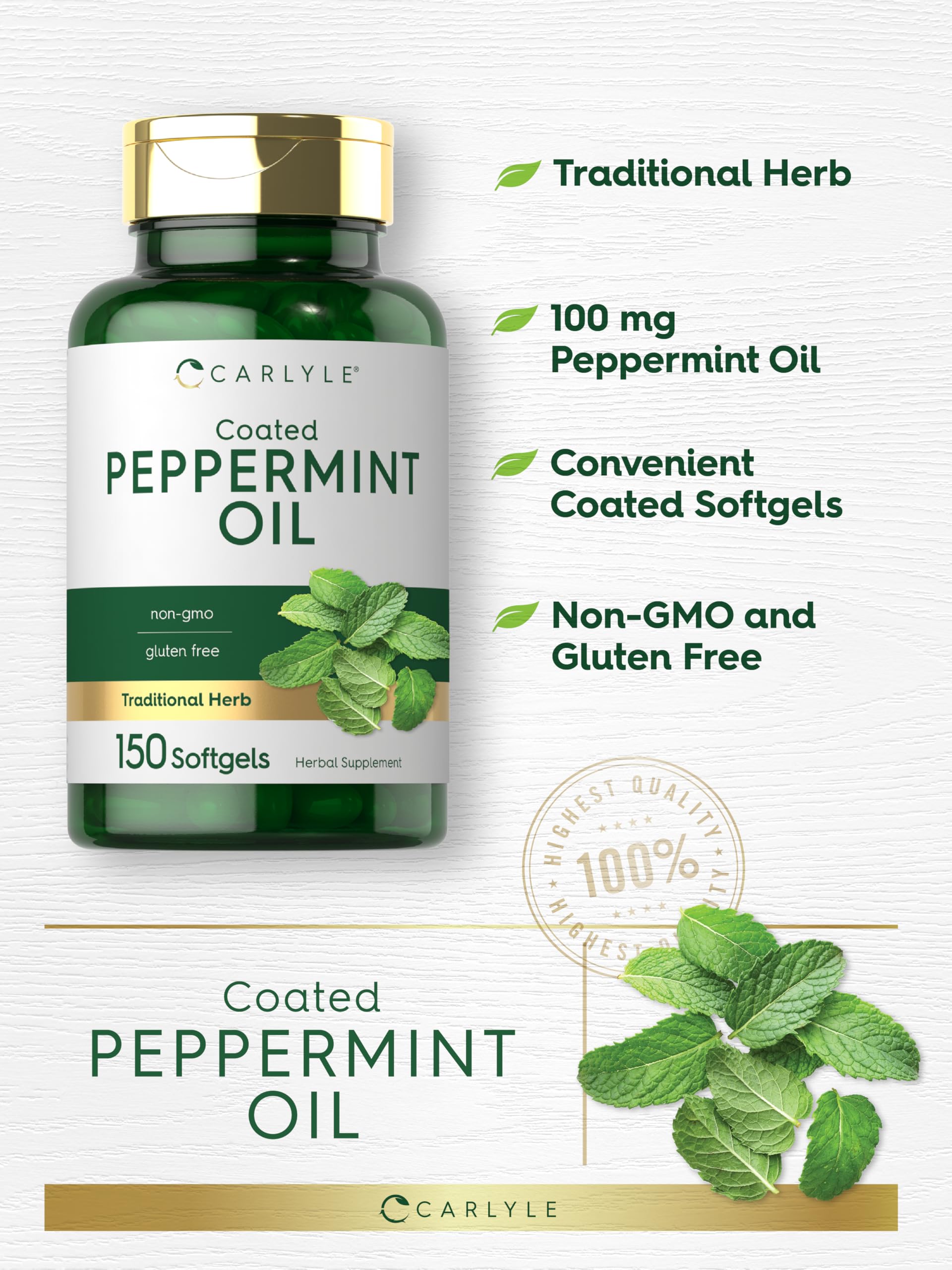 Carlyle Peppermint Oil Capsules ingredients panel highlights peppermint oil.