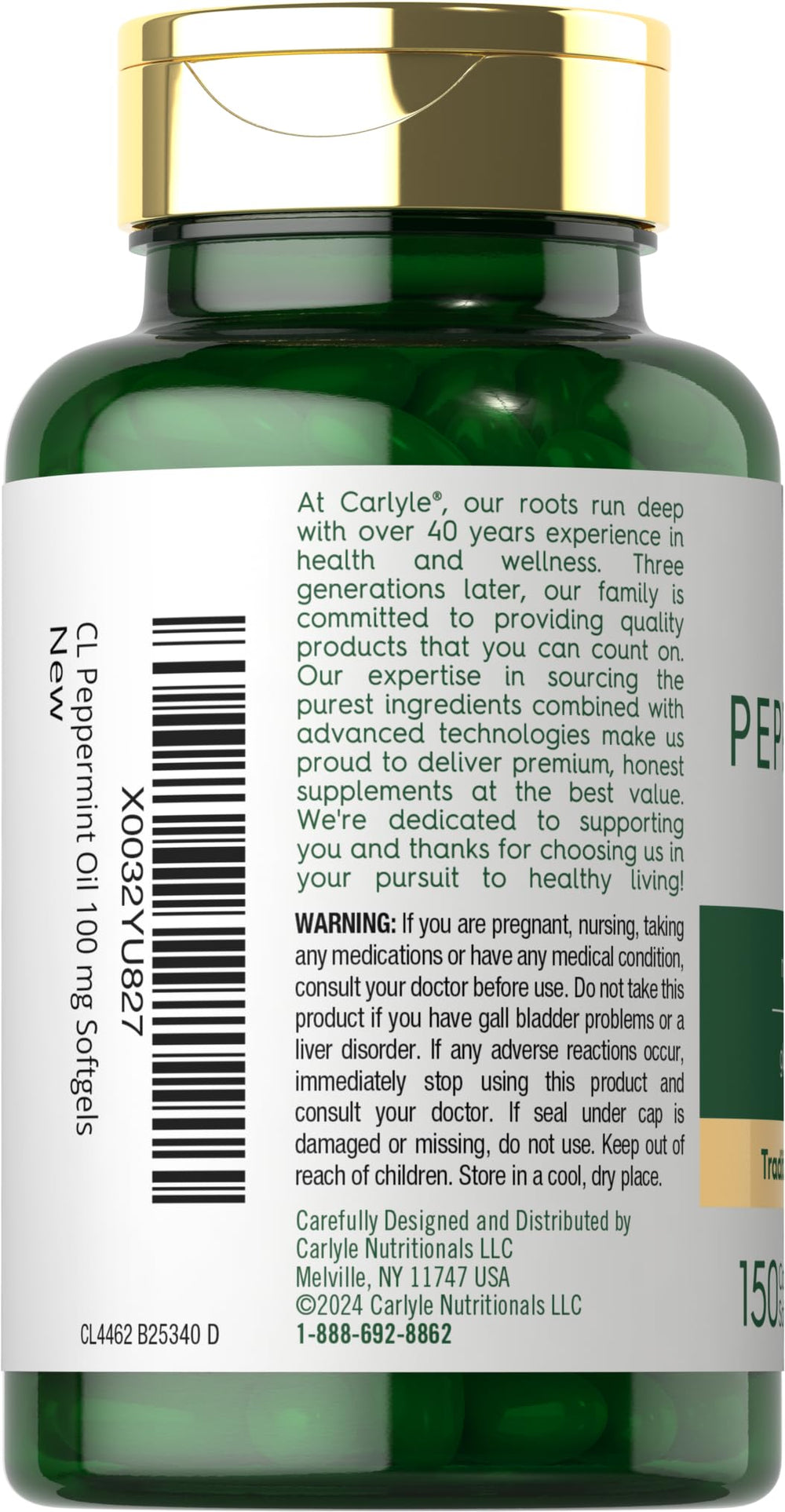 Carlyle Peppermint Oil Capsules label shows ingredients and non-GMO claim.