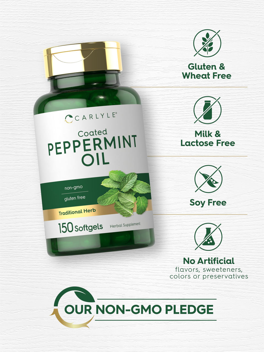 Carlyle Peppermint Oil Capsules packaging emphasizes gluten-free and non-GMO.