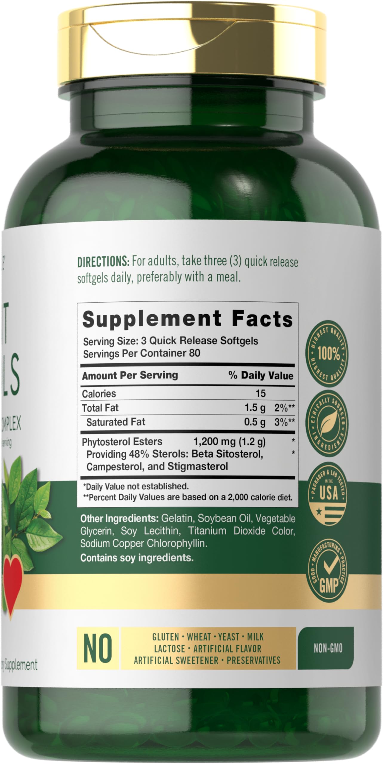 Carlyle Plant Sterols bottle close-up showing gluten-free and non-GMO assurance.