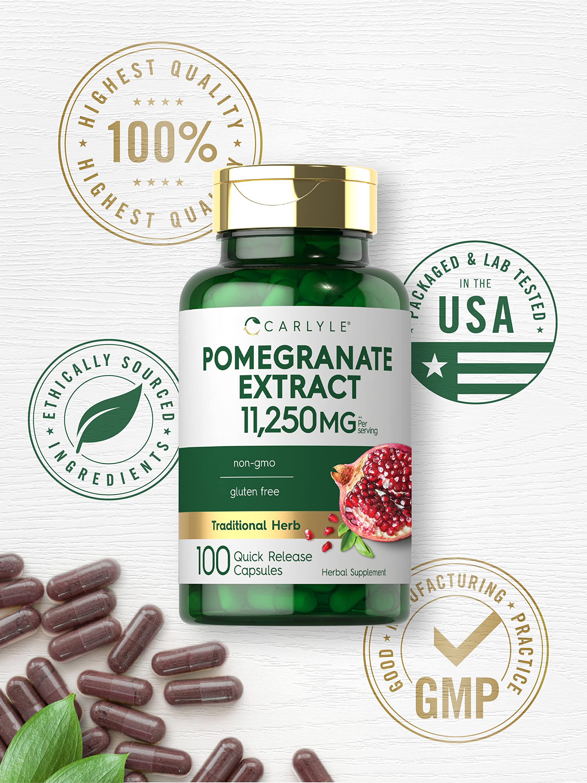 Carlyle Pomegranate Extract jar close-up highlighting premium supplement details.