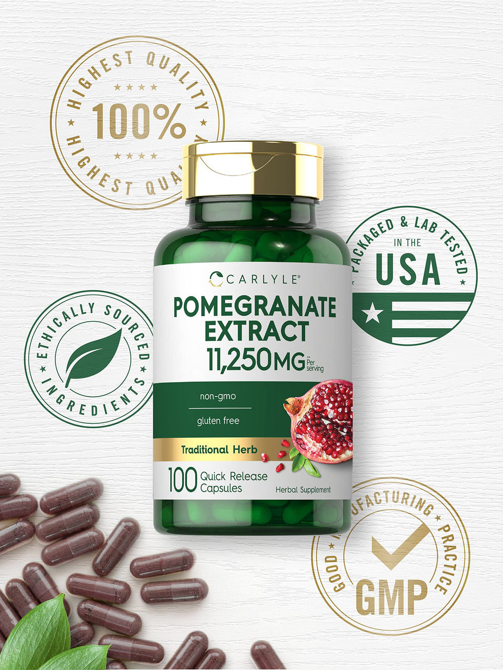 Carlyle Pomegranate Extract jar close-up highlighting premium supplement details.
