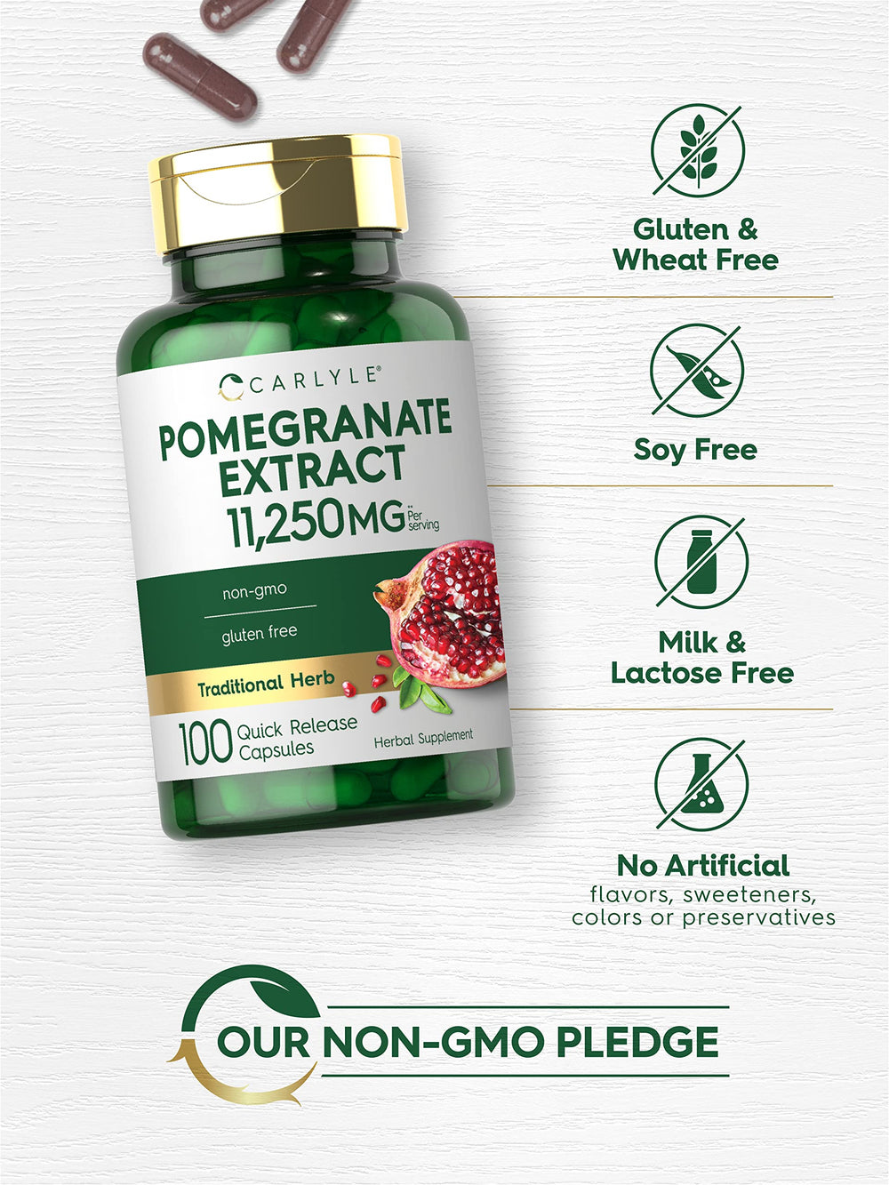 Carlyle Pomegranate Extract packaging layout emphasizing quality.