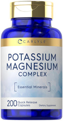 Carlyle Potassium Magnesium bottle front with non-GMO gluten-free minerals for daily wellness