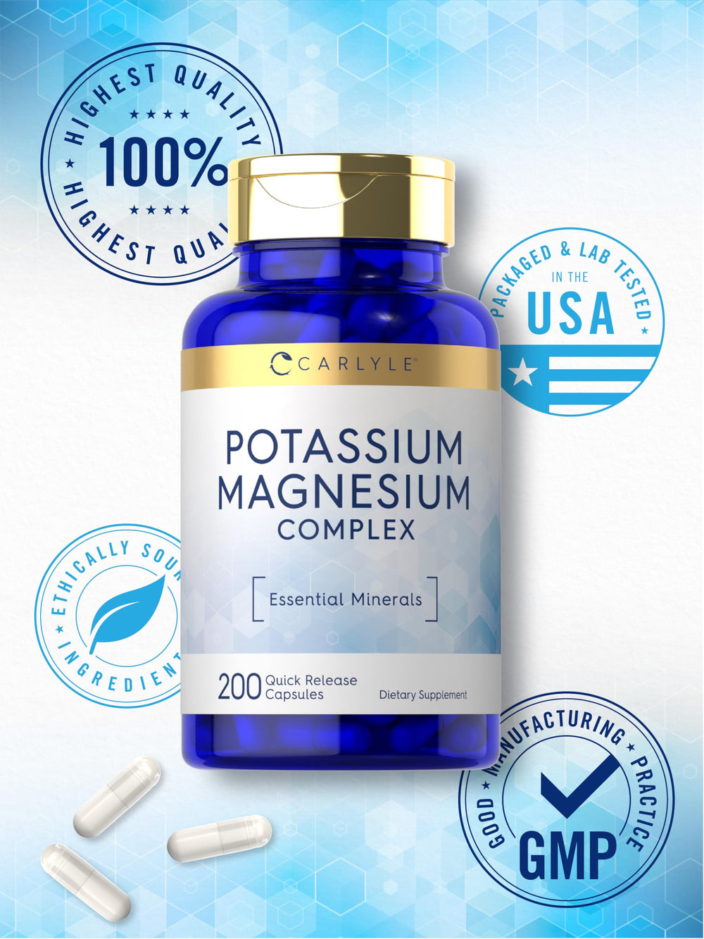 Carlyle Potassium Magnesium packaging side displays ingredients and usage guidance