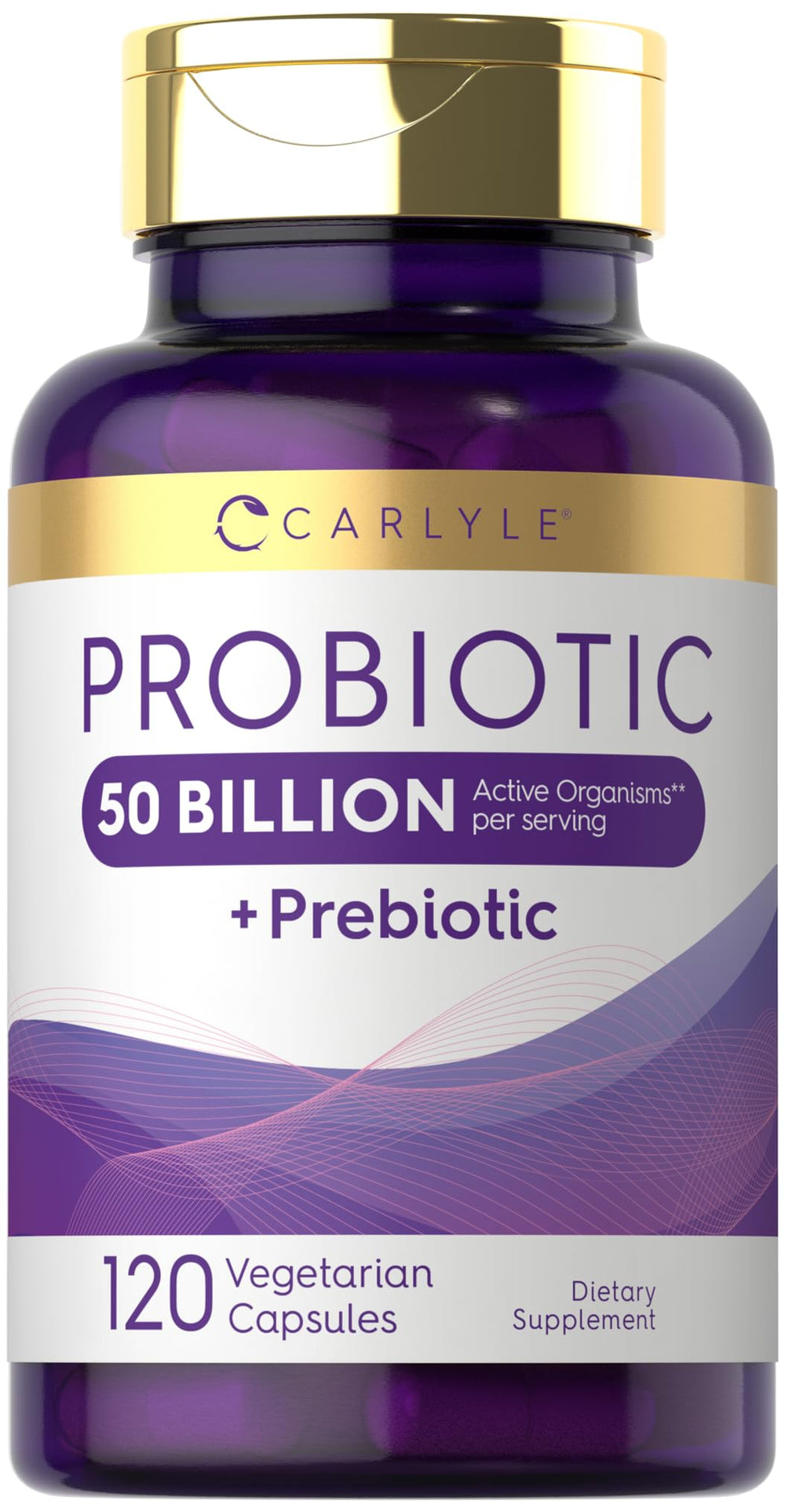 Carlyle Probiotics bottle front shows 50 billion CFU per serving for daily digestive balance.