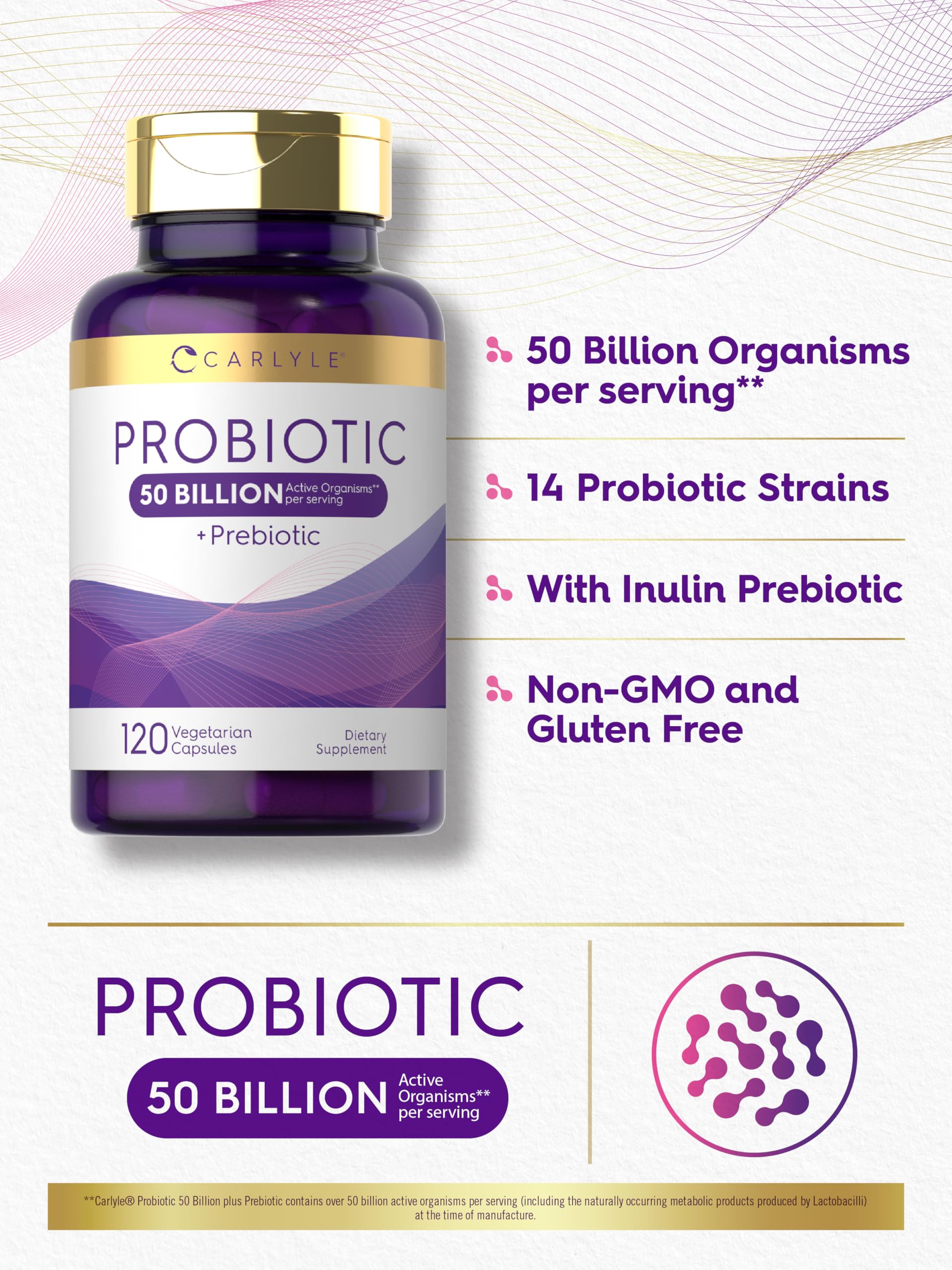 Carlyle Probiotics capsules closeup shows 50 billion organisms per serving.