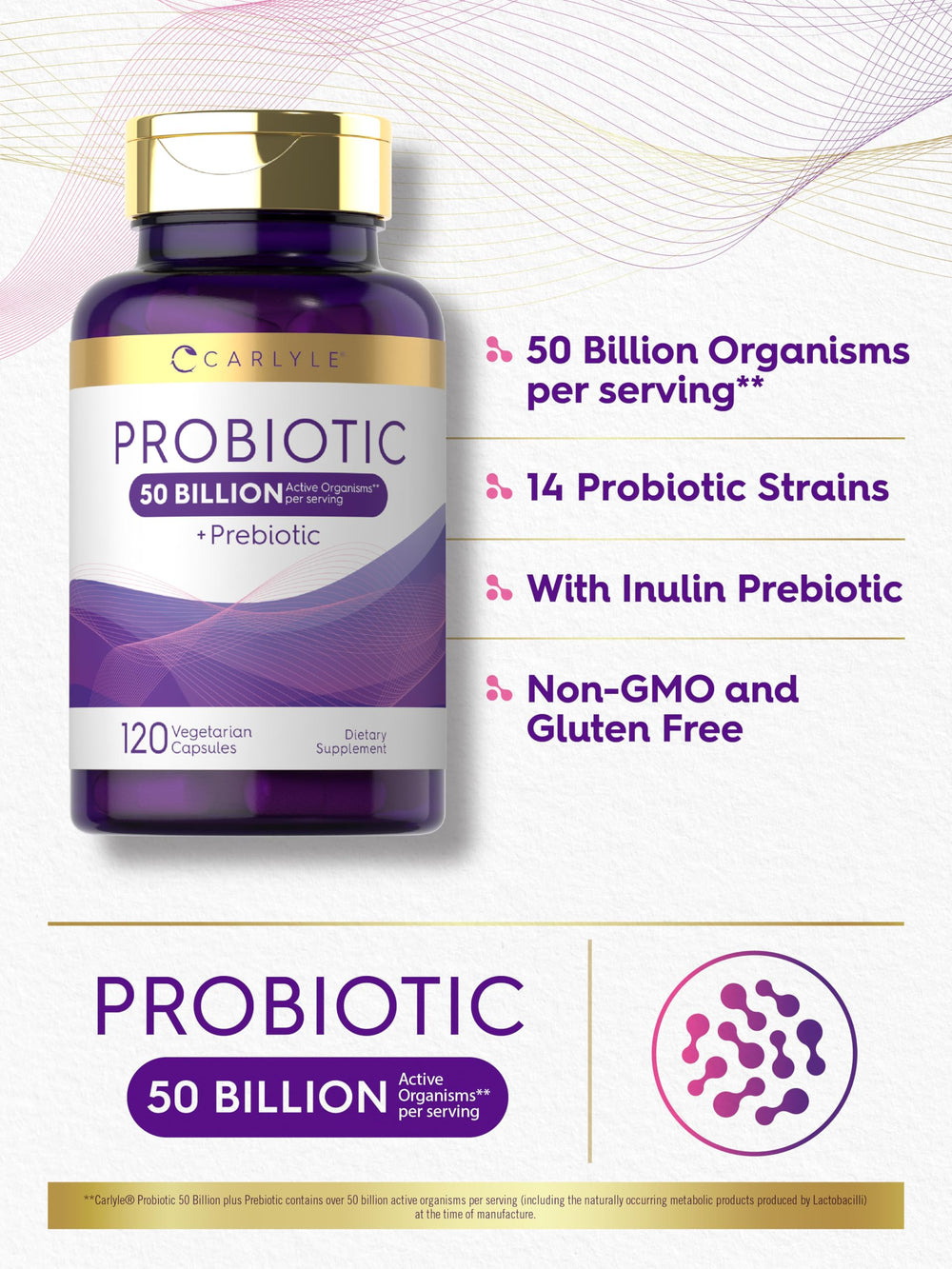 Carlyle Probiotics capsules closeup shows 50 billion organisms per serving.