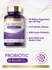 Carlyle Probiotics capsules closeup shows 50 billion organisms per serving.