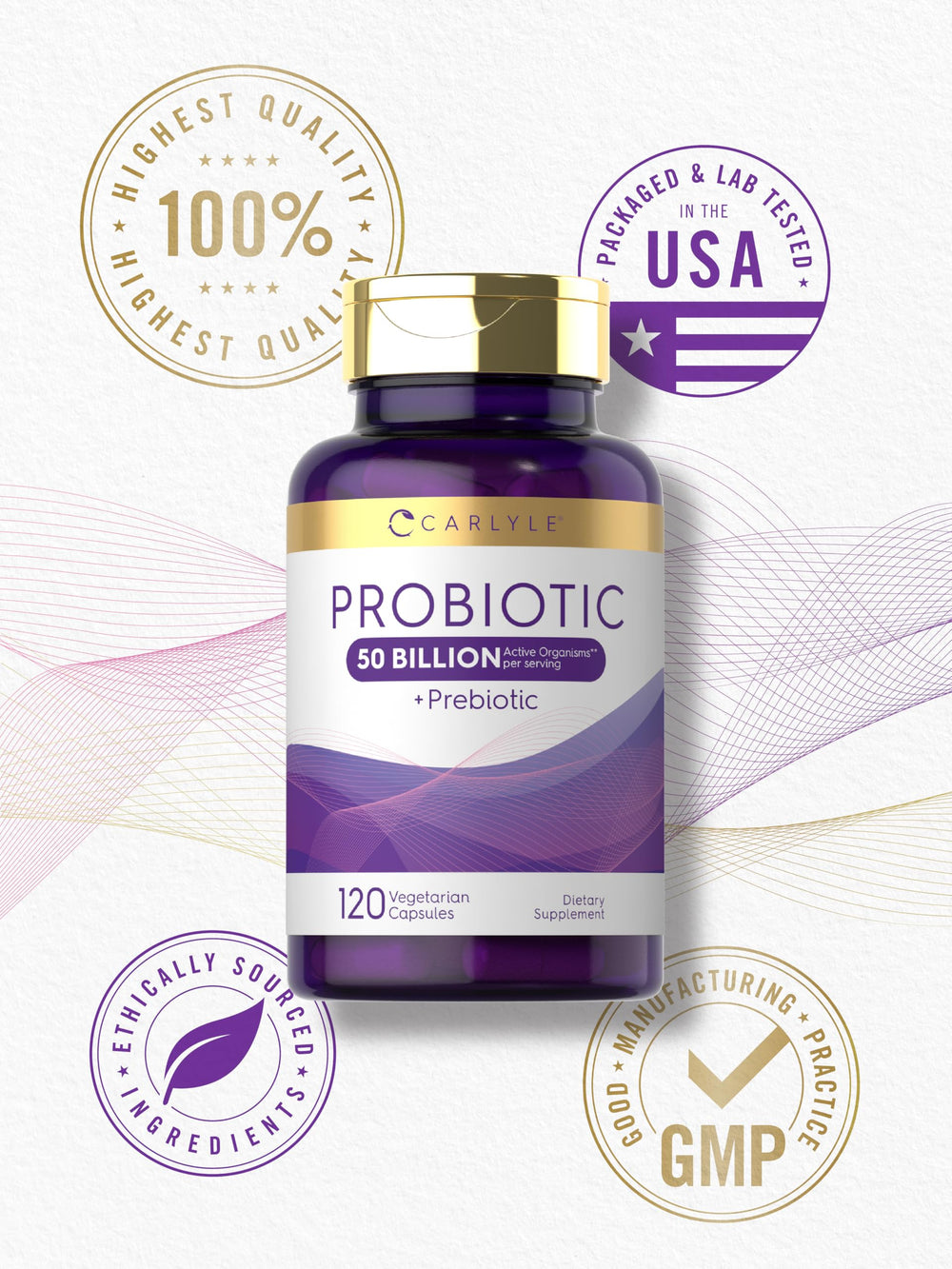 Carlyle Probiotics gluten-free packaging conveys allergy-friendly confidence.