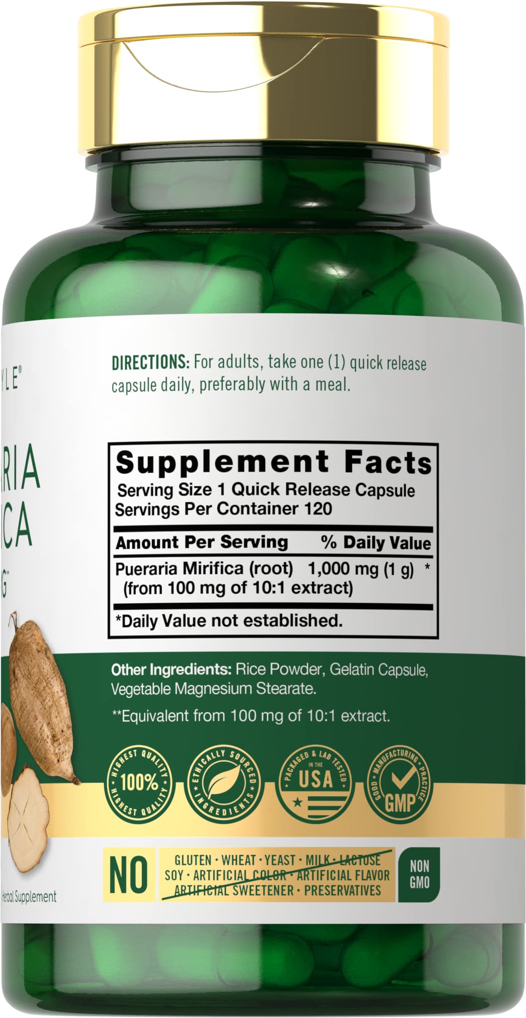 Back view of Carlyle Pueraria Mirifica bottle with ingredients and dosage information.