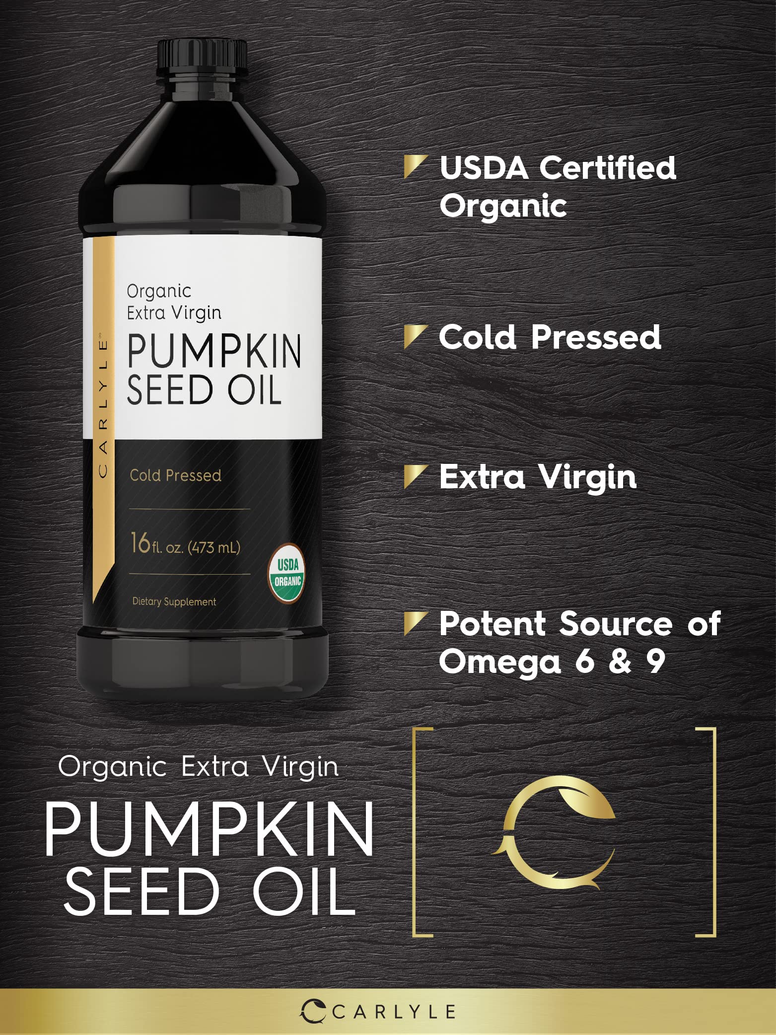 Carlyle Pumpkin Seed Oil label closeup highlights organic, cold-pressed ingredients.