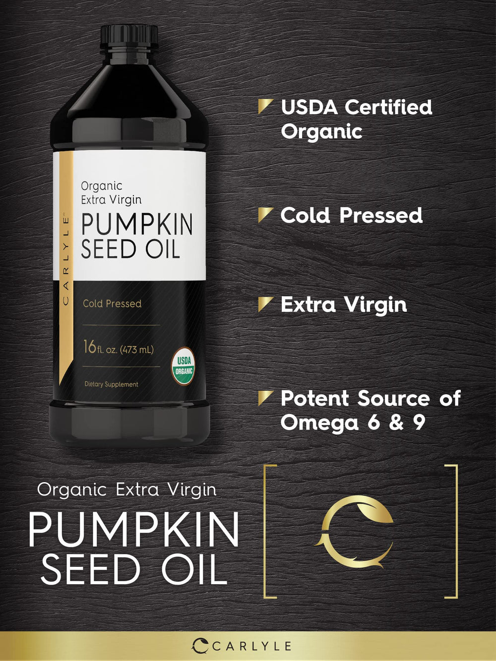 Carlyle Pumpkin Seed Oil label closeup highlights organic, cold-pressed ingredients.