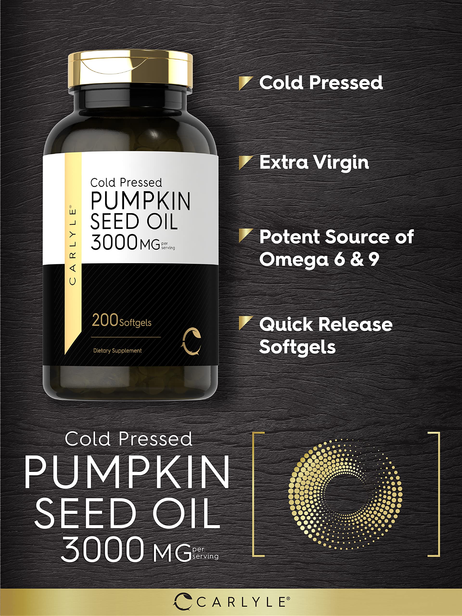Carlyle Pumpkin Seed Oil Softgel bottle label shows non-GMO and gluten-free ingredients.