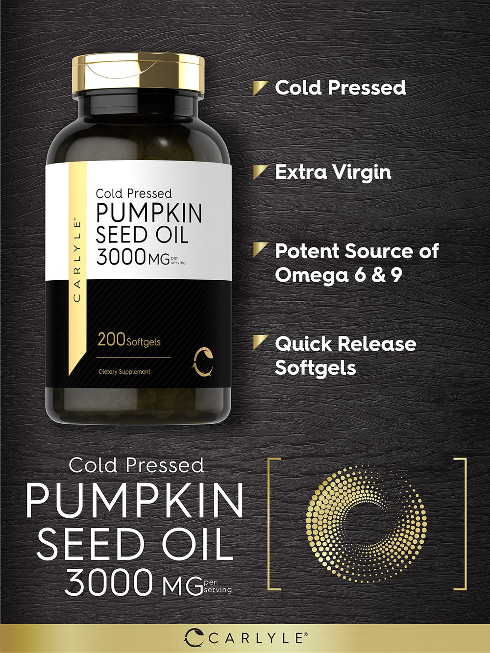 Carlyle Pumpkin Seed Oil Softgel bottle label shows non-GMO and gluten-free ingredients.