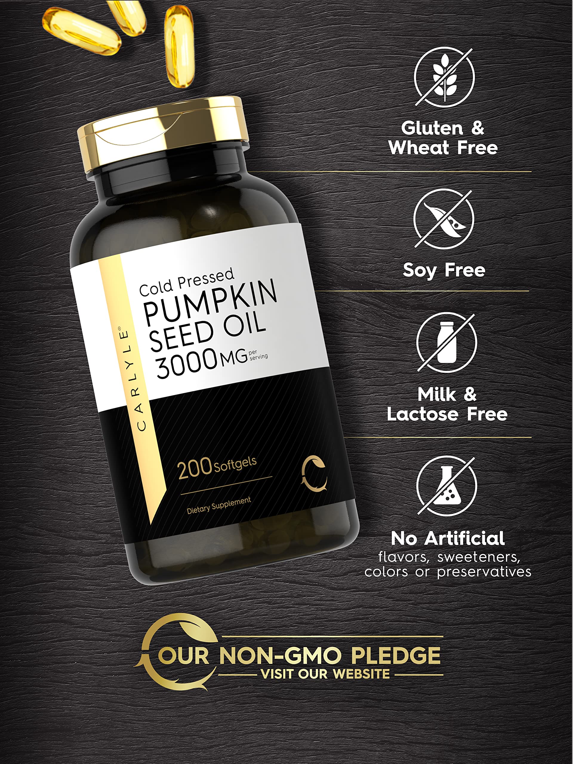 Carlyle Pumpkin Seed Oil Softgel packaging highlights 3,000 mg per serving.