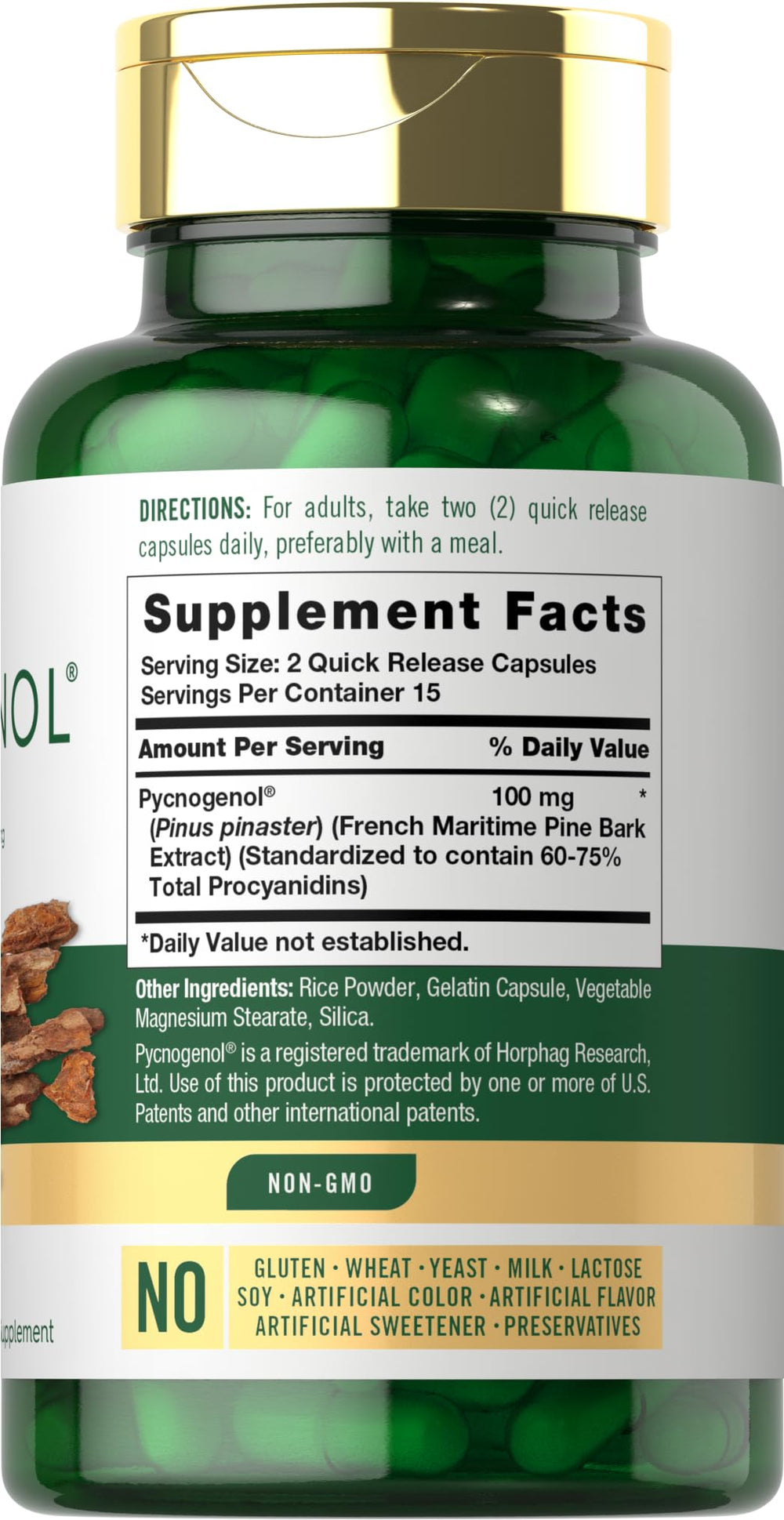 Carlyle Pycnogenol 100mg cap closeup emphasizes convenient quick-release capsules