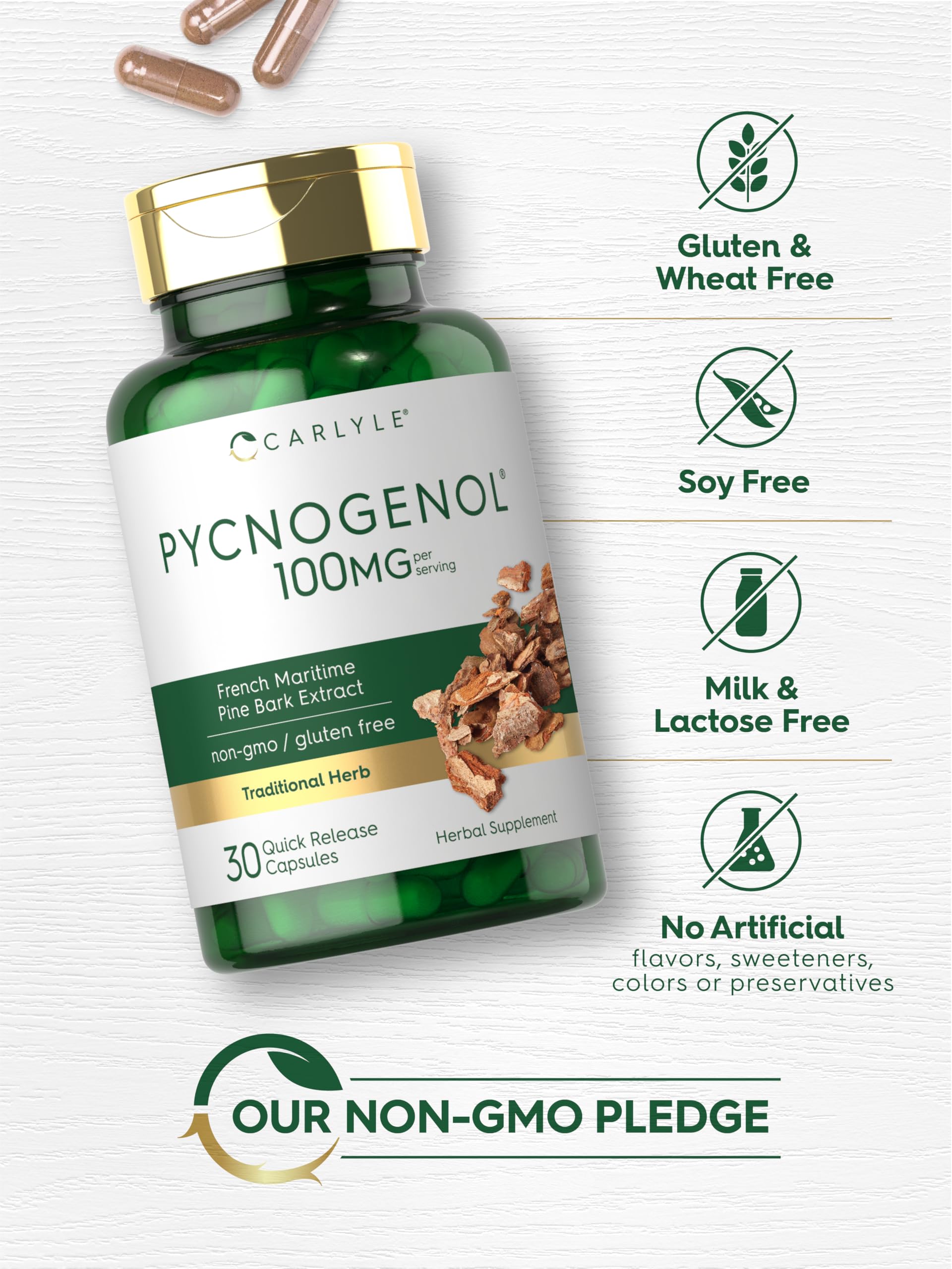 Carlyle Pycnogenol 100mg label graphic shows ingredients and standards