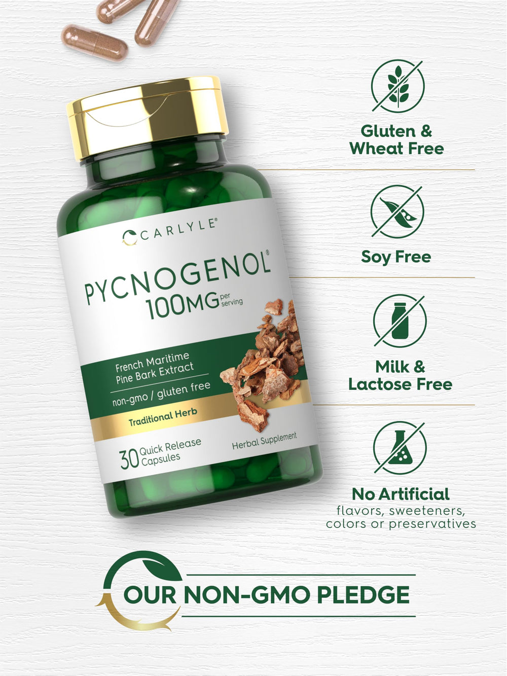 Carlyle Pycnogenol 100mg label graphic shows ingredients and standards