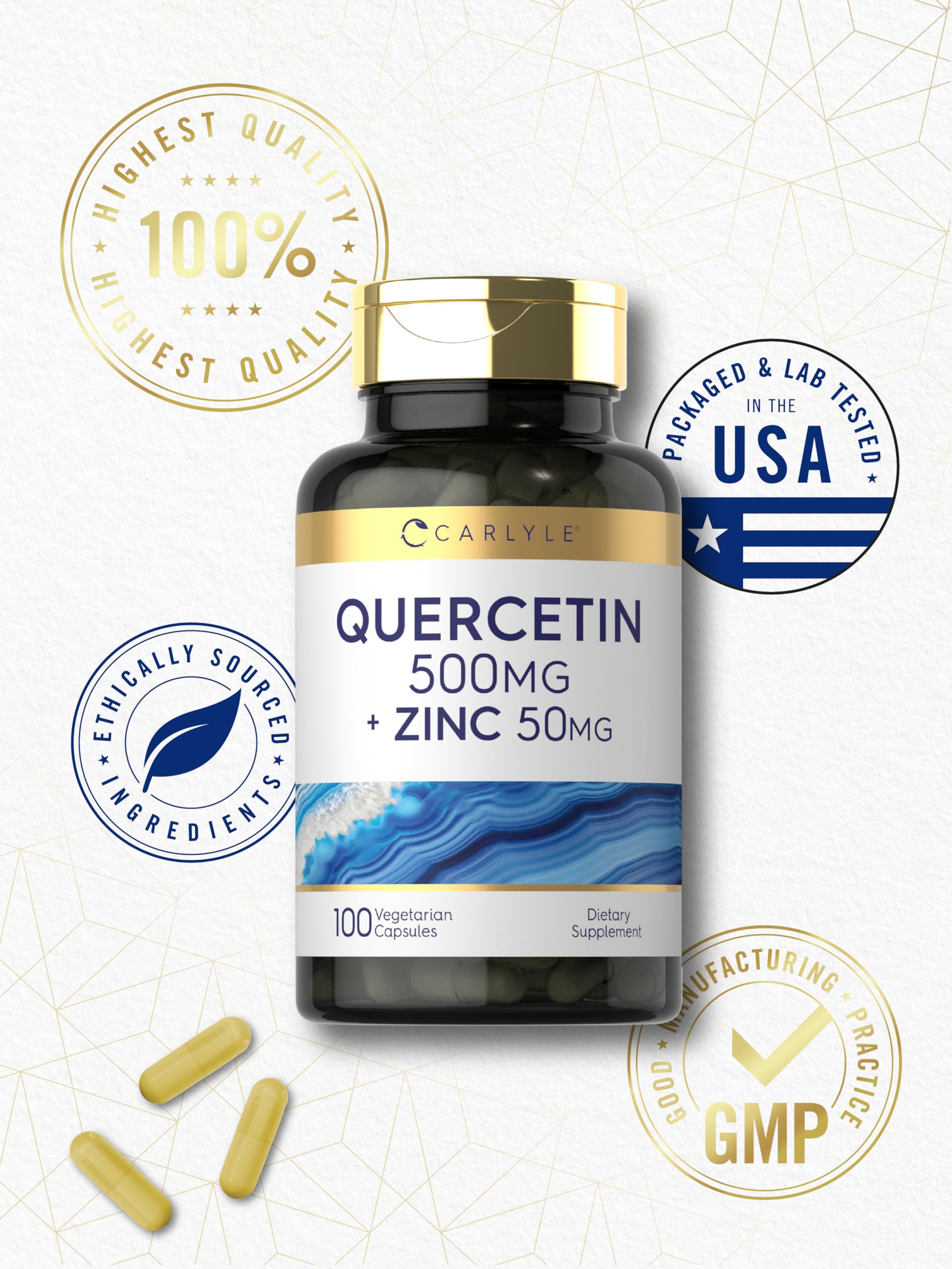 Carlyle Quercetin 500mg bottle side view showing cap seal and dosage.