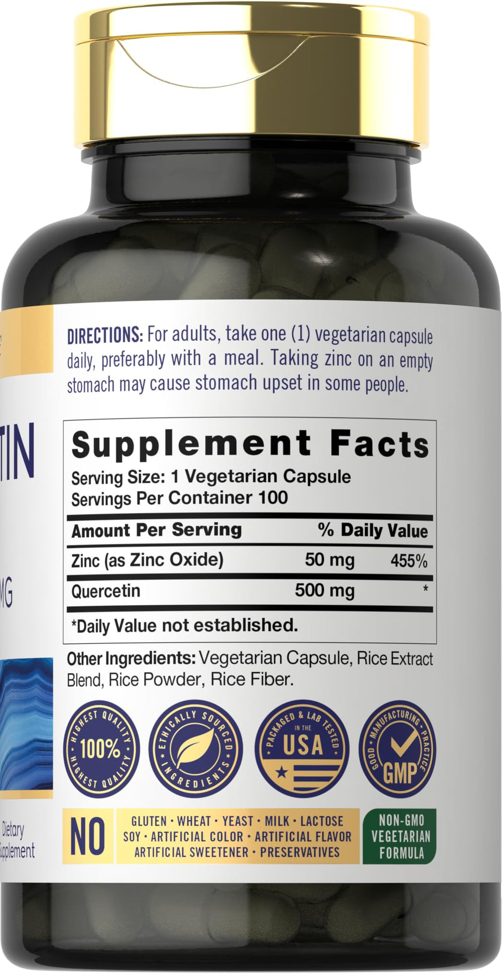 Closeup of Carlyle Quercetin 500mg capsules highlighting vegetarian formula and zinc.