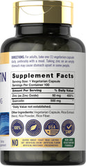 Closeup of Carlyle Quercetin 500mg capsules highlighting vegetarian formula and zinc.