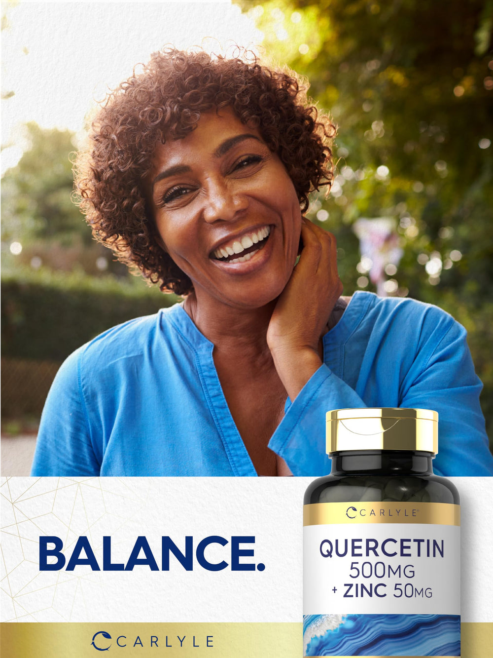 Carlyle Quercetin 500mg gluten-free symbol on bottle for dietary alignment.
