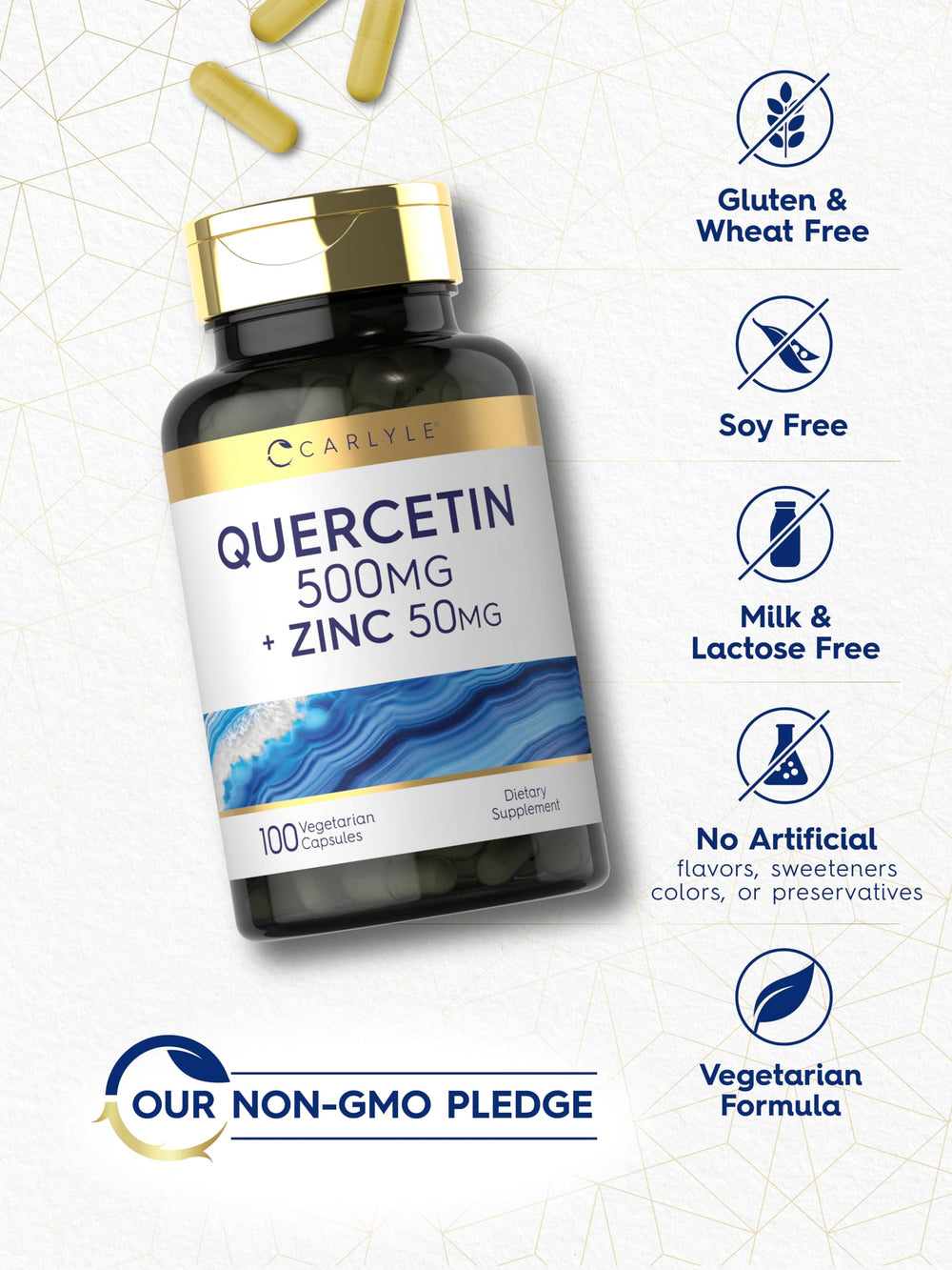 Carlyle Quercetin 500mg ingredients list includes zinc and vegetarian capsules.