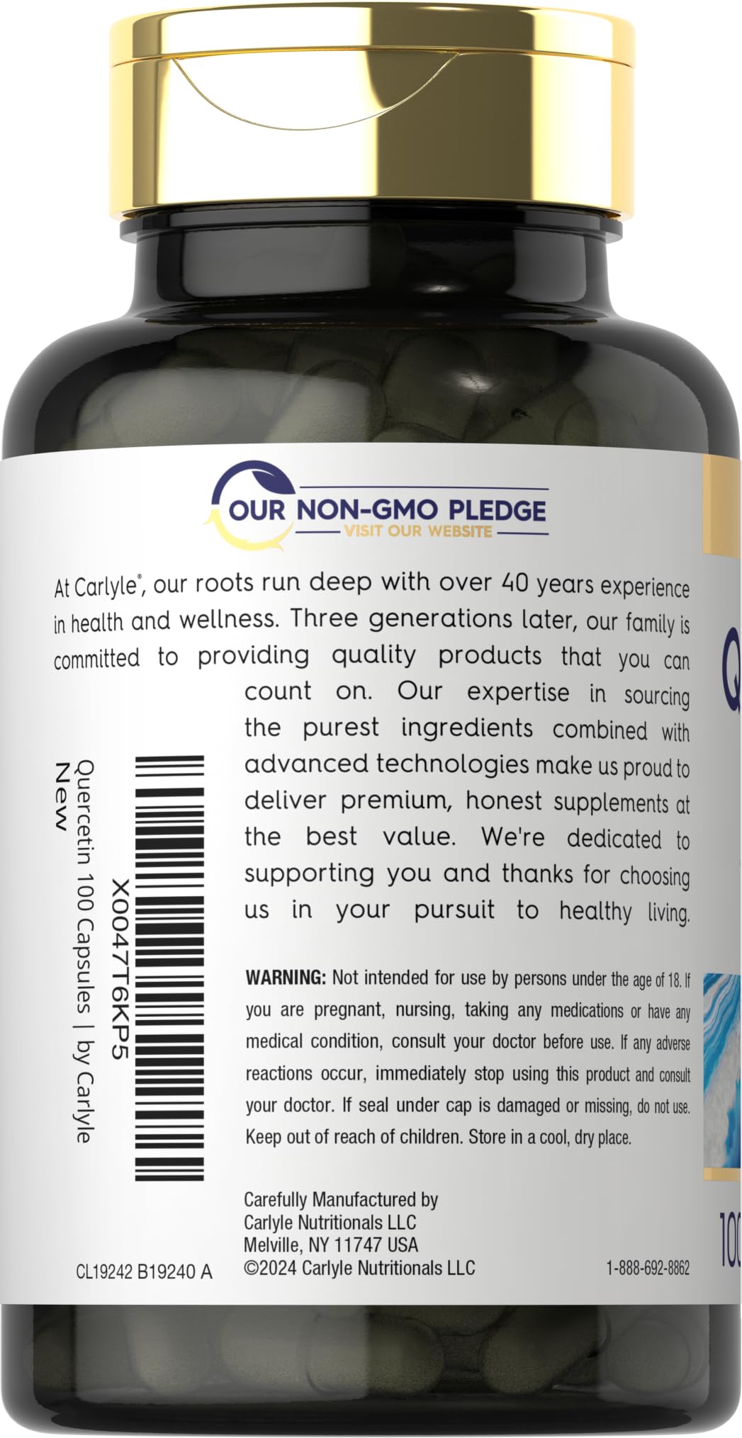 Carlyle Quercetin 500mg label detail showing gluten-free and non-GMO quality.