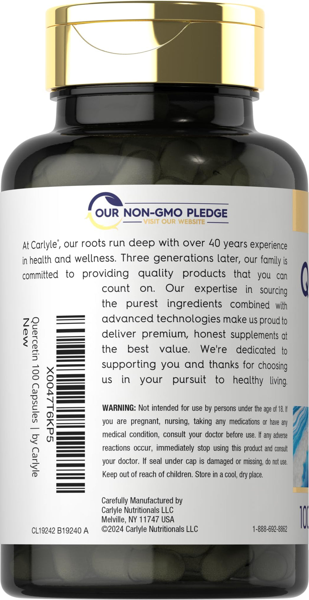 Carlyle Quercetin 500mg label detail showing gluten-free and non-GMO quality.