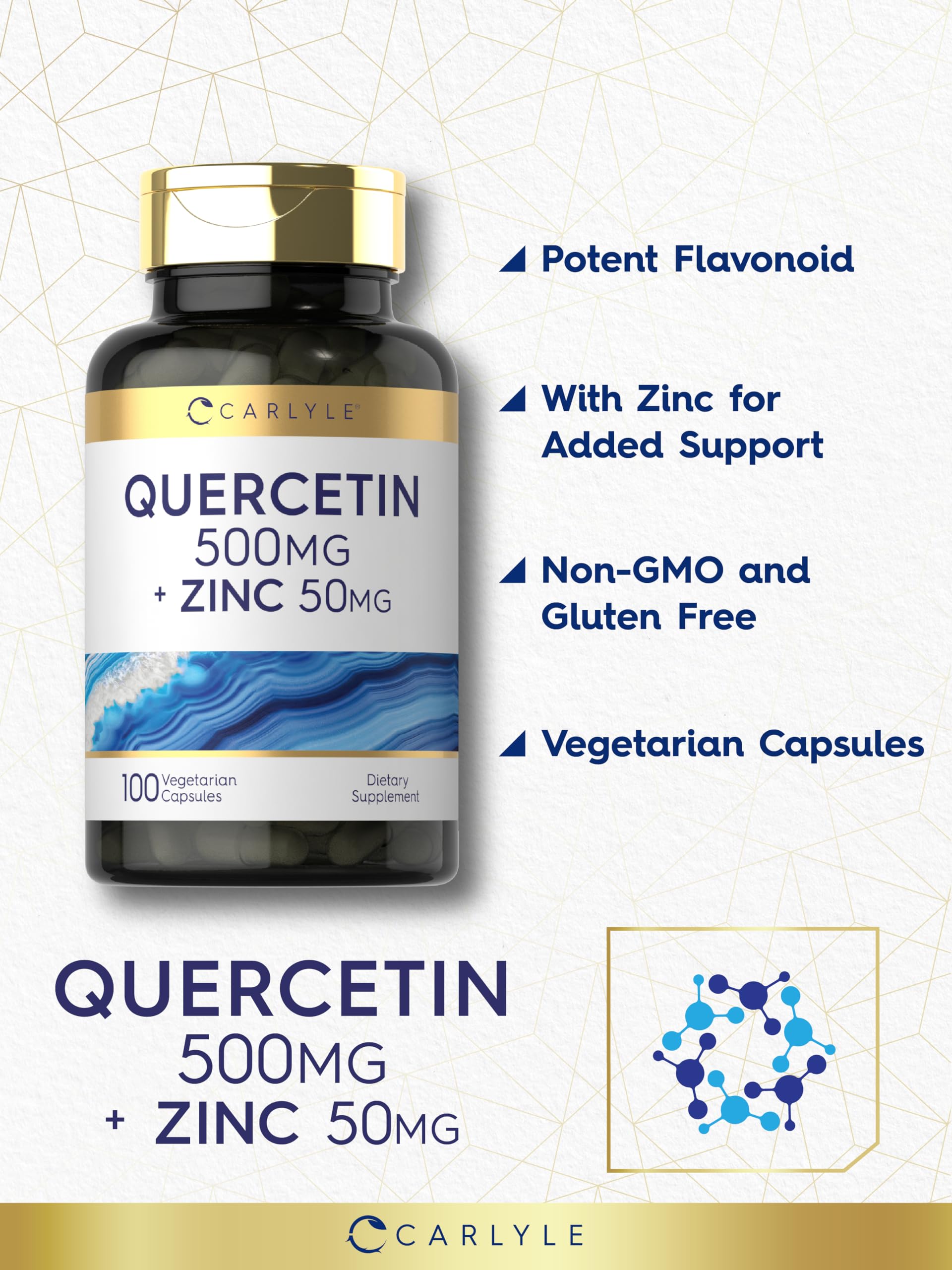 Carlyle Quercetin 500mg packaging emphasizing trusted ingredients and quality.