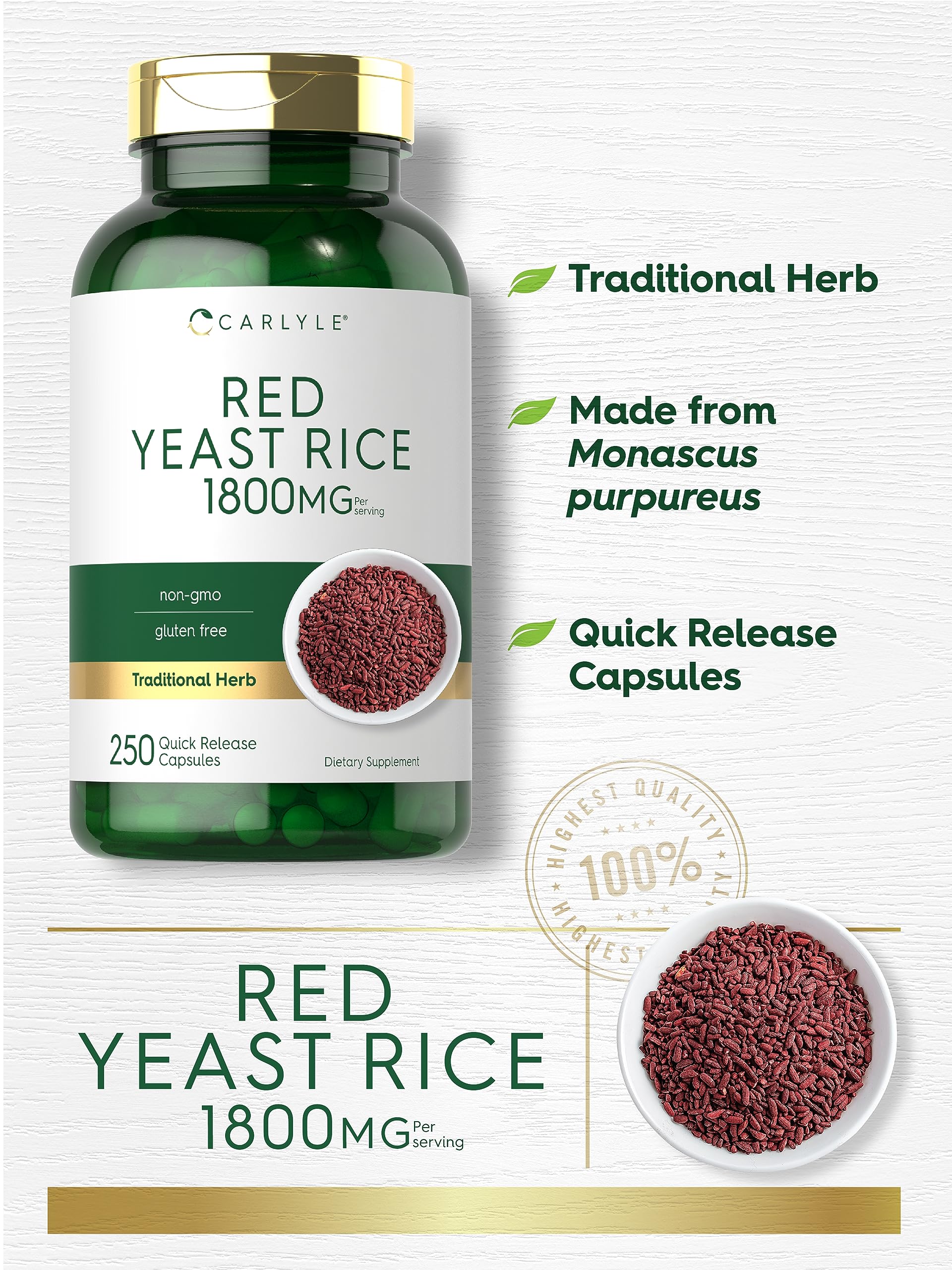 Carlyle Red Yeast Rice serving image showing 1800 mg per serving.