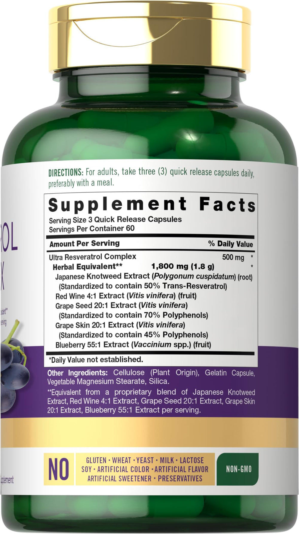 Carlyle Resveratrol Complex capsules closeup, convenient quick-release
