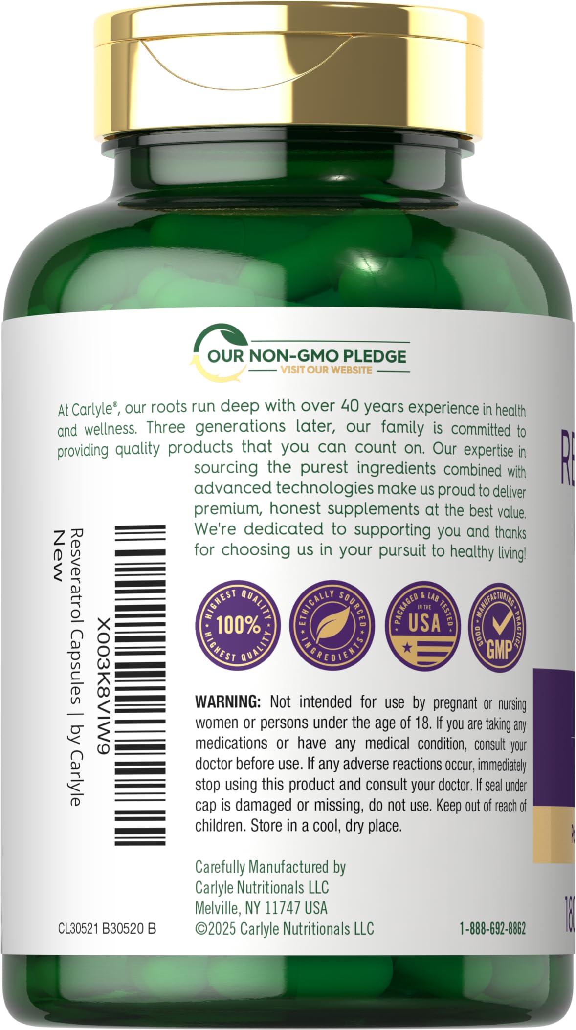 Carlyle Resveratrol Complex label closeup, gluten-free non-GMO assurance