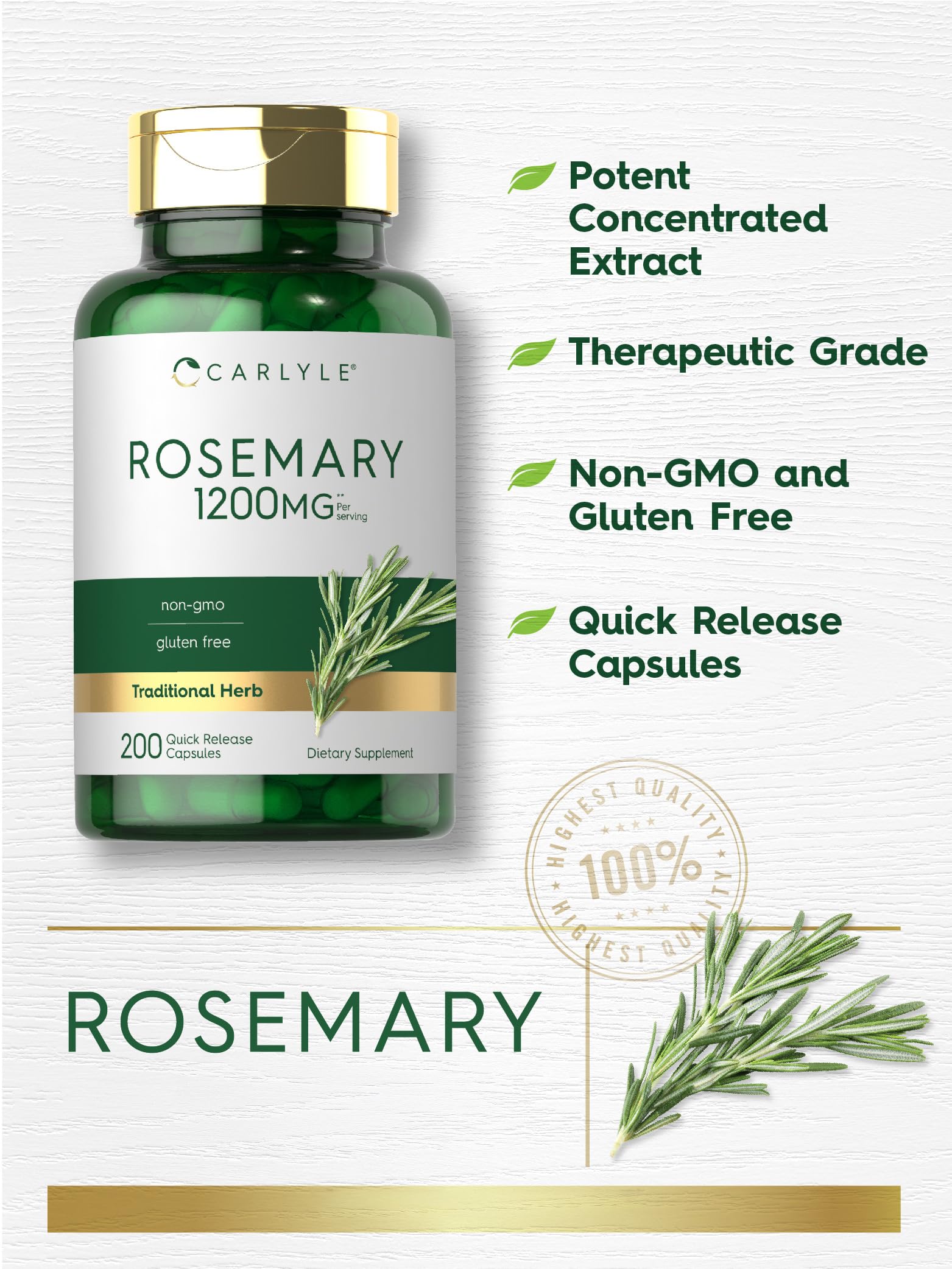 Close-up of rosemary capsules highlights quick-release design for convenience