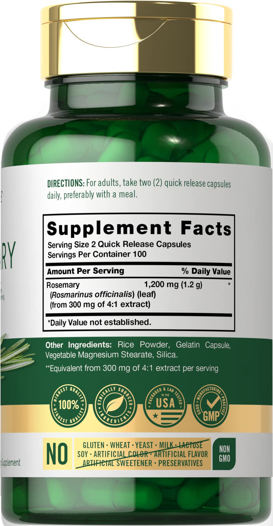 Carlyle rosemary capsules label shows non-GMO and gluten-free formulation