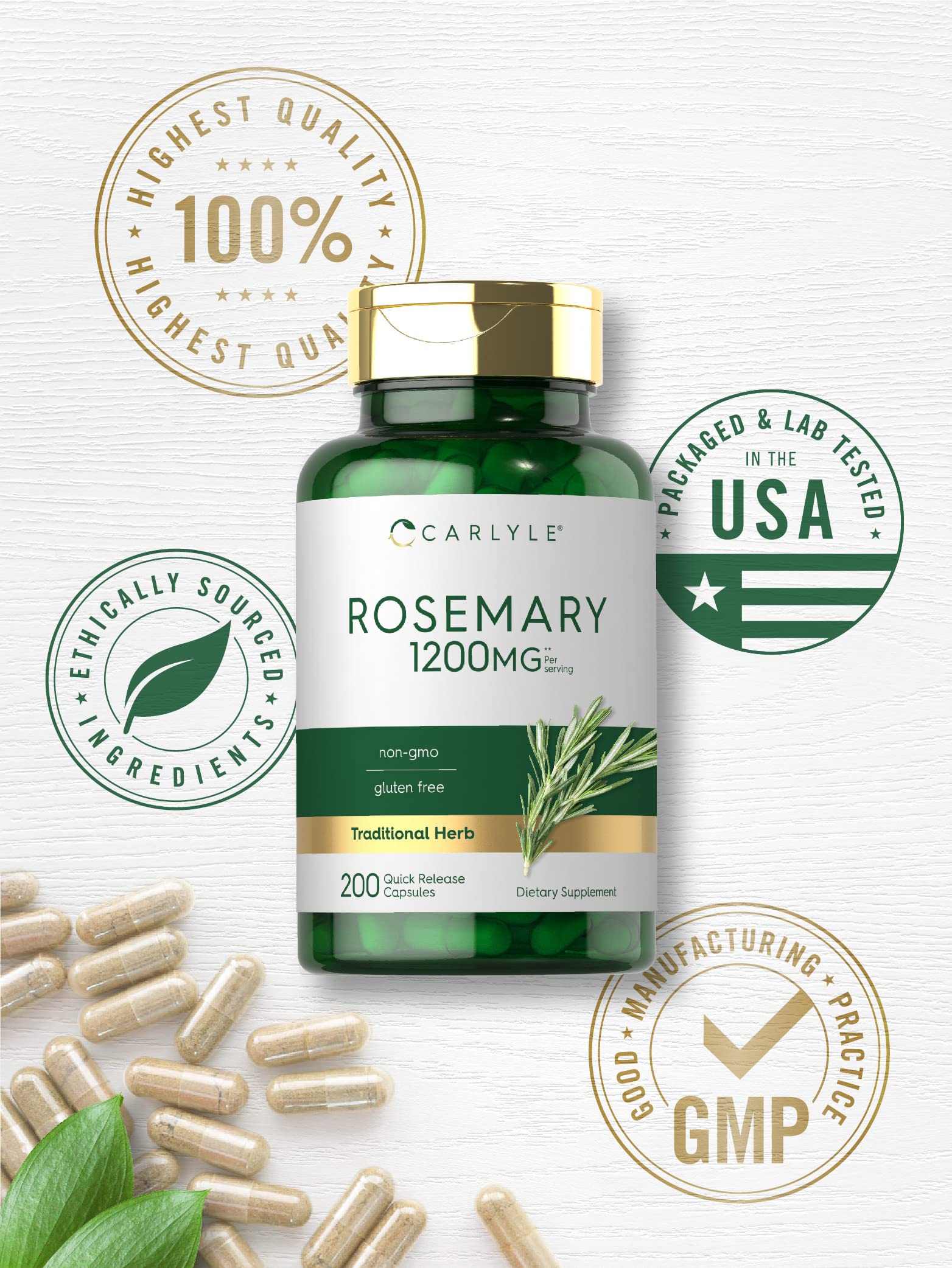 Rosemary plant imagery communicates natural herbal source behind Carlyle capsules