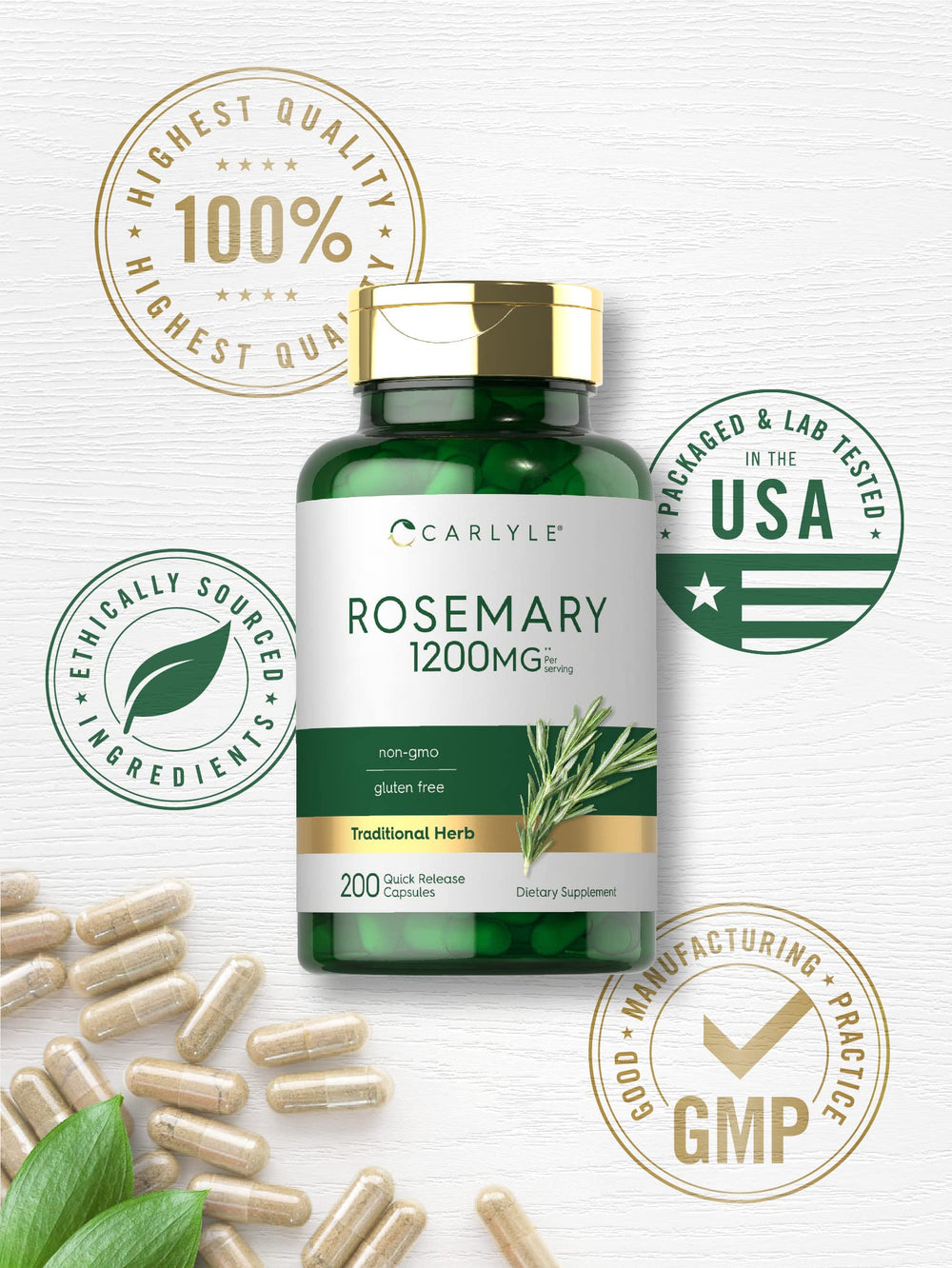 Rosemary plant imagery communicates natural herbal source behind Carlyle capsules