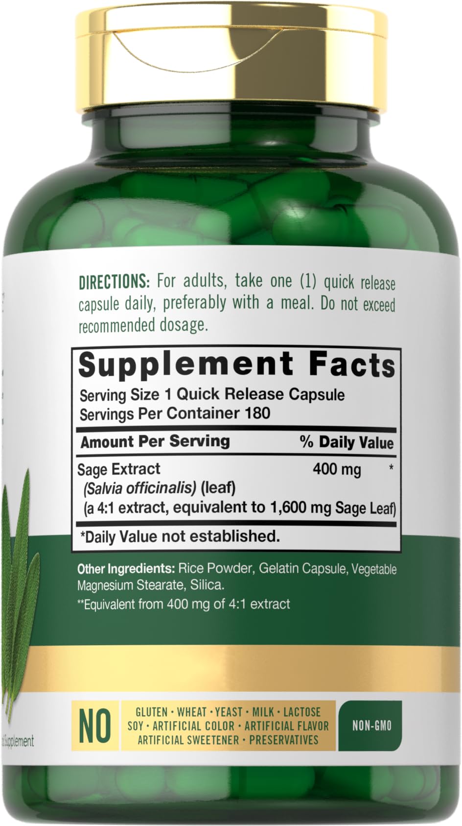 Carlyle Sage Supplement bottle back with ingredients and directions