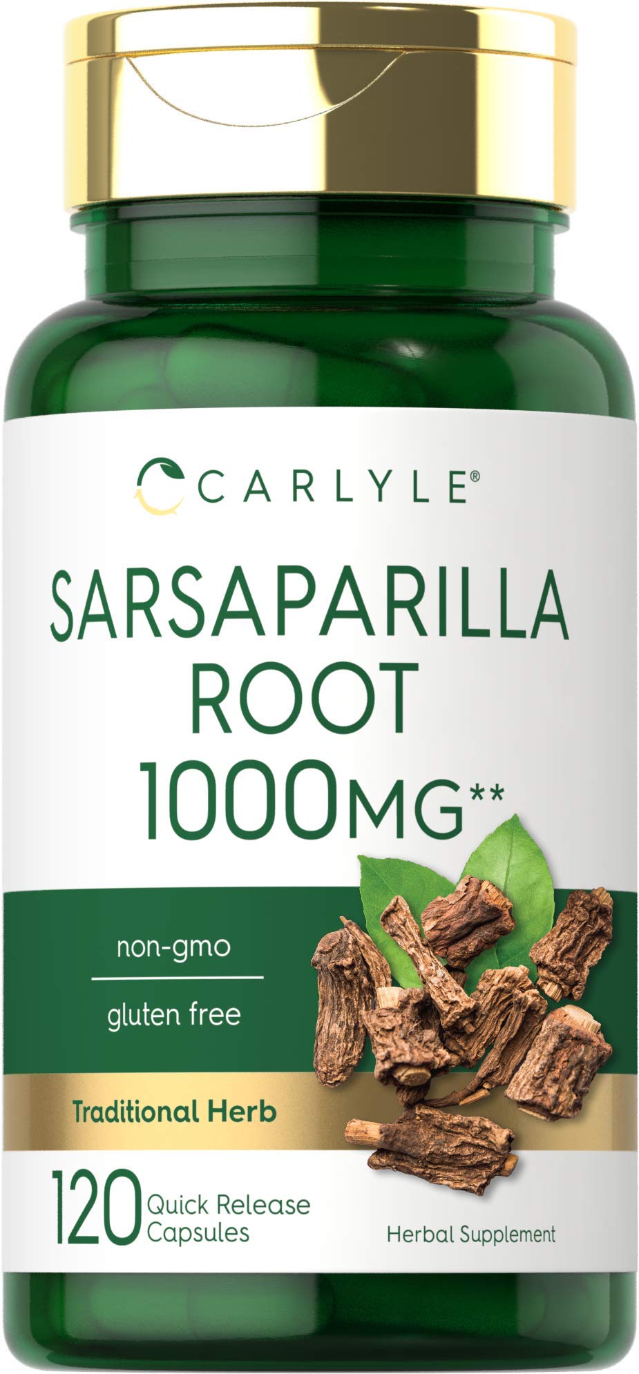 Carlyle Sarsaparilla Root Capsules bottle on countertop for daily wellness routine.